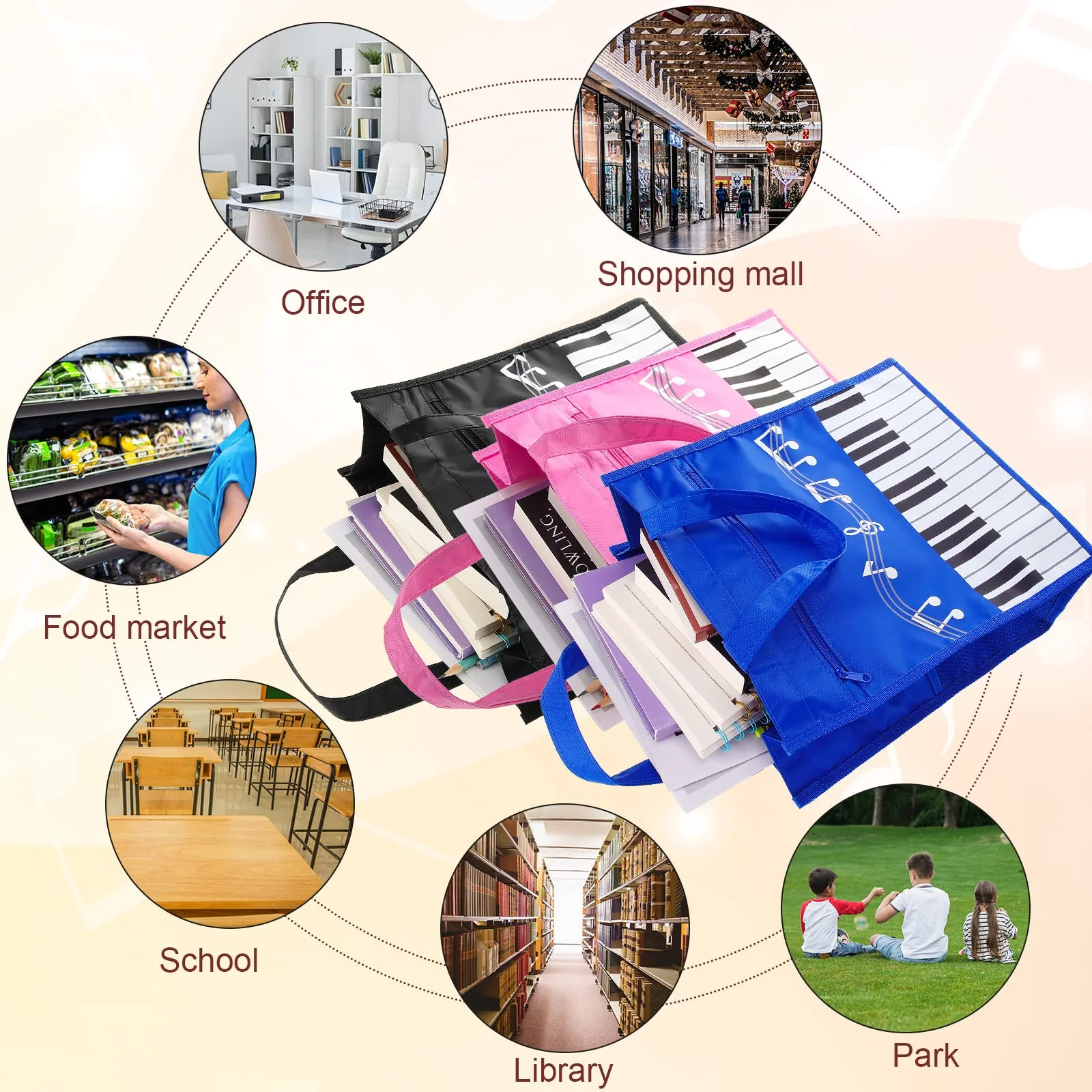 Cunno 3 Pcs Piano Keys Handbag Small Piano Music Bag Reusable Tote Bag Shoulder Shopping Bag Book Bag Tote for Piano Music Teacher Gifts - Image 7