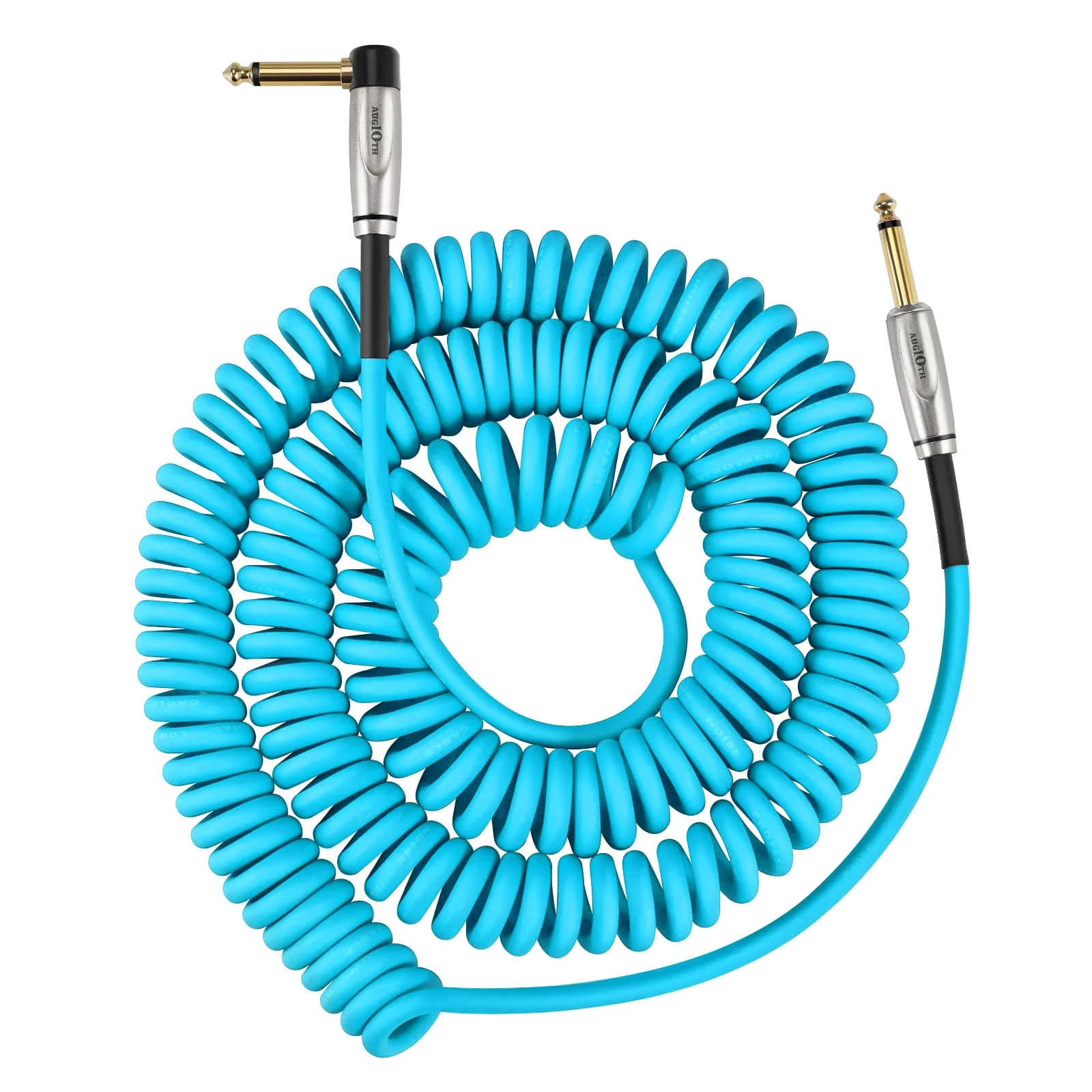 Curly Guitar Cable 30ft, Coil Electric Instrument Guitar Bass Cord AMP Lead 1/4 Straight to Angled Light Blue Straight-Angled