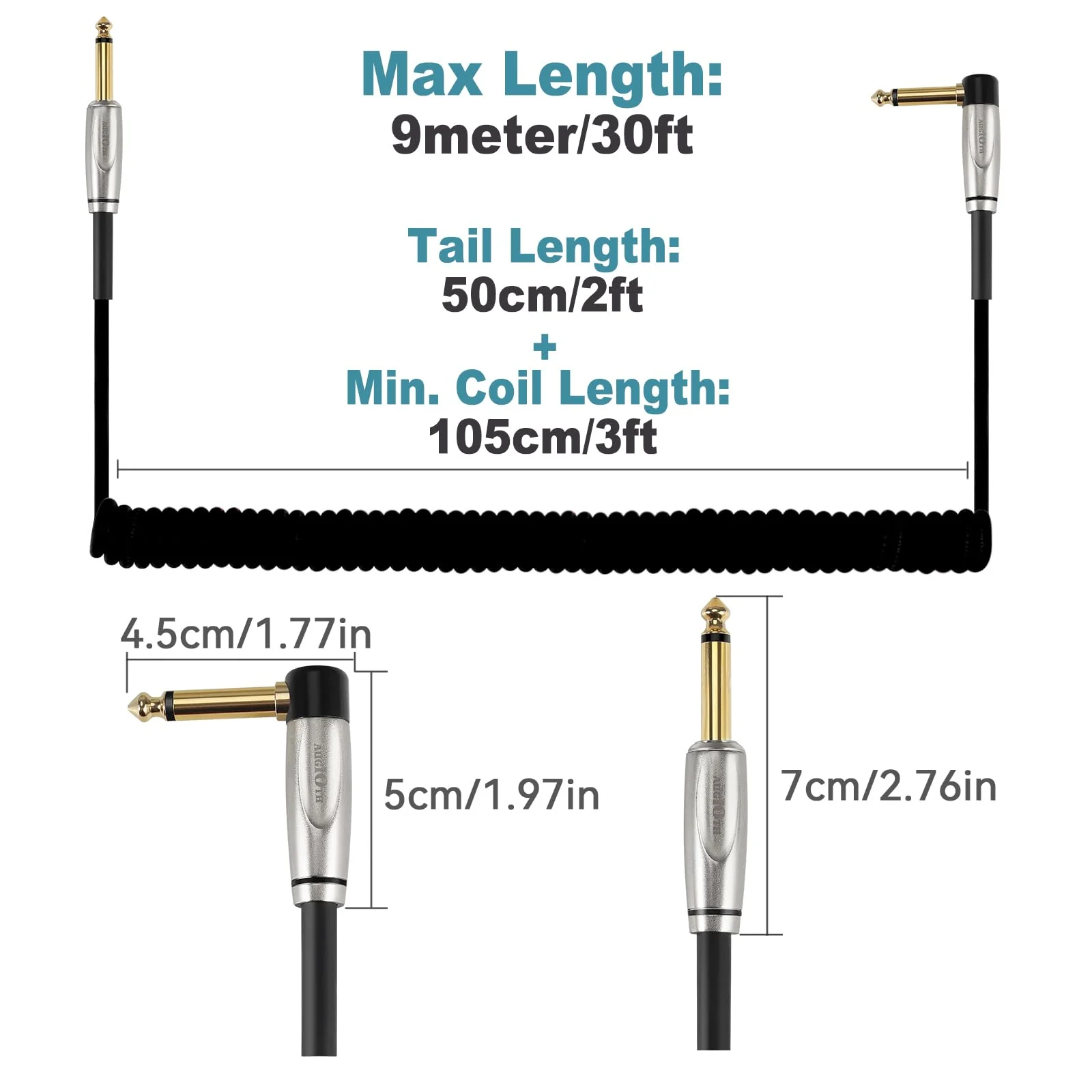 Curly Guitar Cable 30ft, Coil Electric Instrument Guitar Bass Cord AMP Lead 1/4 Straight to Angled Light Blue Straight-Angled - Image 6