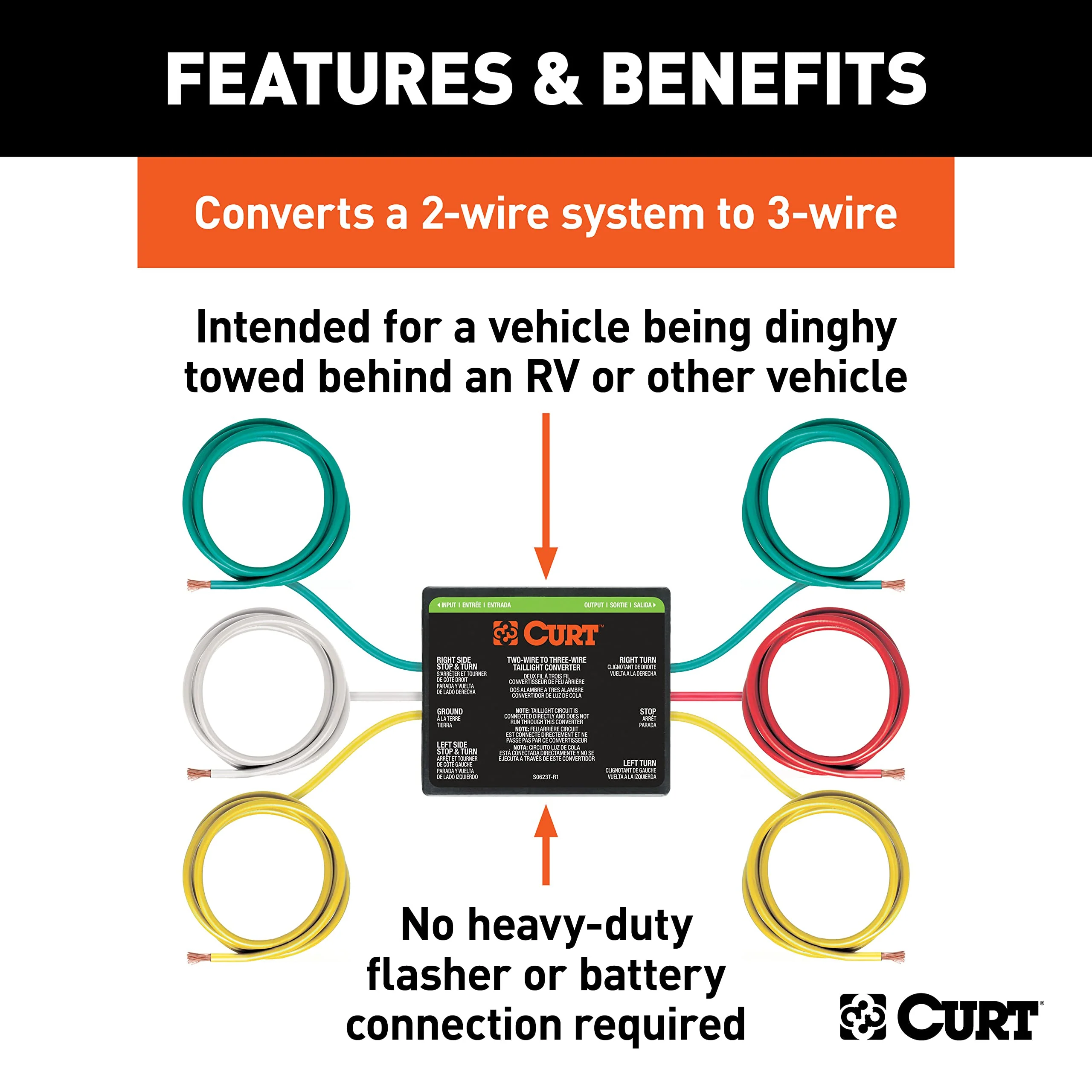 CURT 56196 2-to-3-Wire Splice-in Trailer Tail Light Converter for RV Dinghy Towing - Image 2