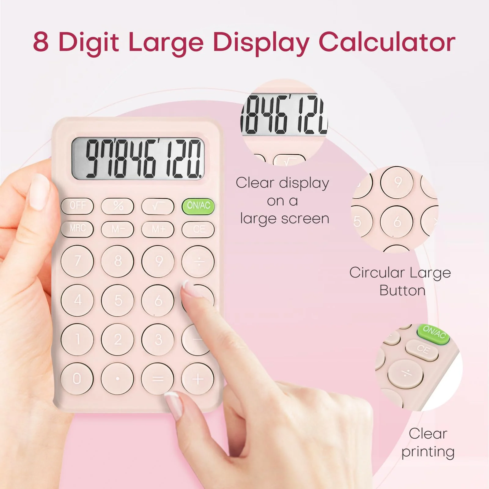 Cute Calculator, Basic Four Function Calculator for Teachers Students Basics Office, Small Handheld Calculator, 8 Digit with LCD Display, Sensitive Button, 5.5×3.2 inches Pink - Image 3