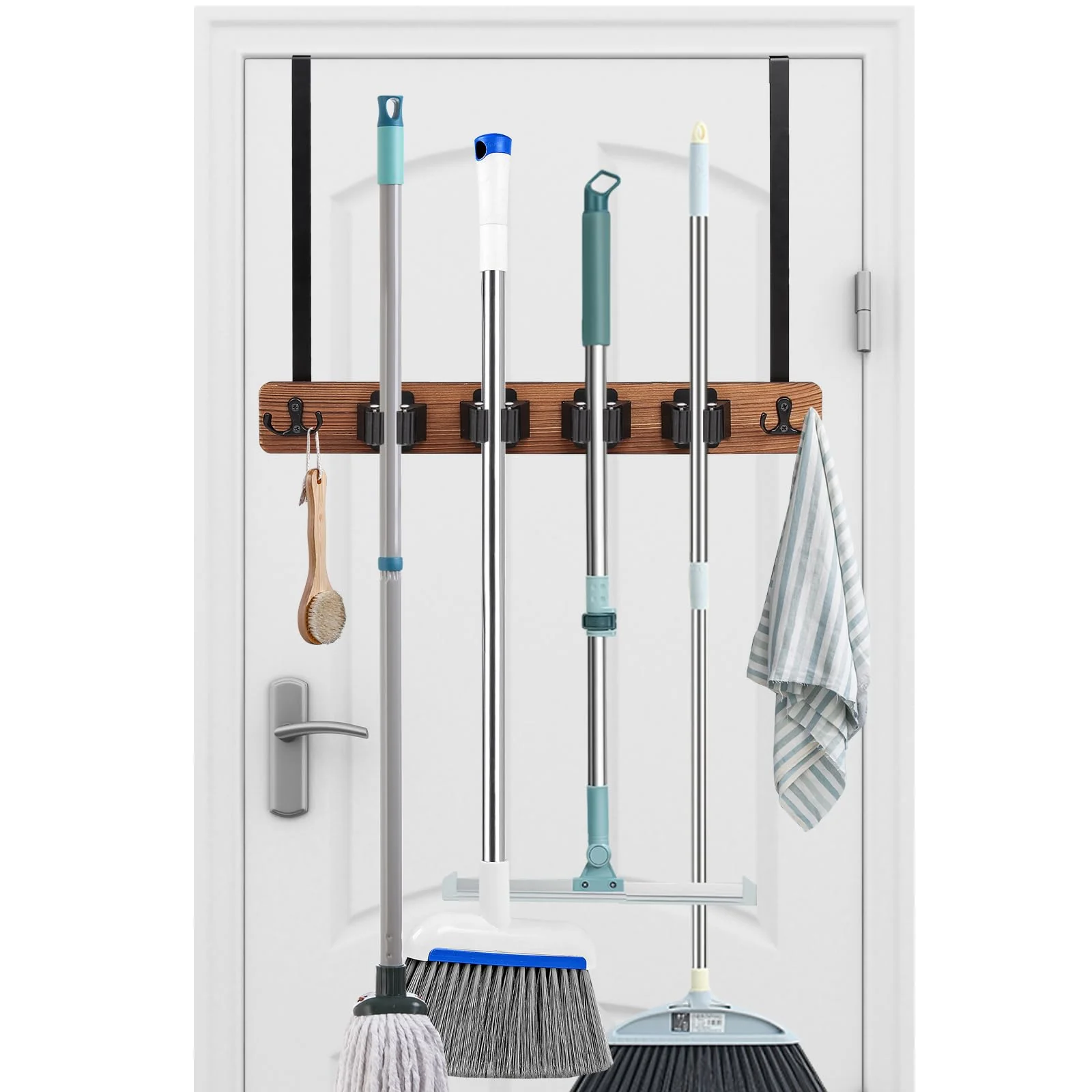 Cyiecw Broom Holder Wall or Broom Holder Over the Door, Drillable Tool Wall Mount, Wooden Stainless Steel Broom Mop Tool Garden Tool Holder, Door Organiser with 4 Holders and 2 Hooks, 1 Piece (Brown) Brown