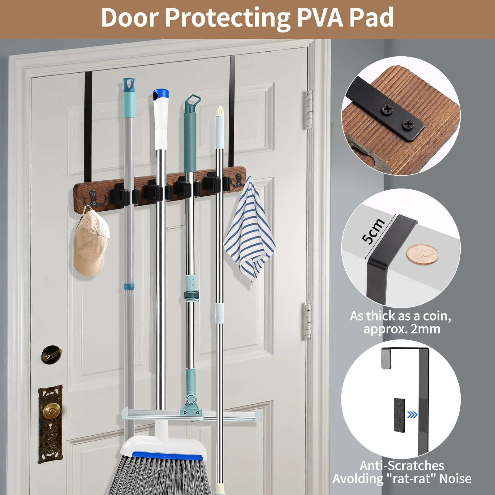 Cyiecw Broom Holder Wall or Broom Holder Over the Door, Drillable Tool Wall Mount, Wooden Stainless Steel Broom Mop Tool Garden Tool Holder, Door Organiser with 4 Holders and 2 Hooks, 1 Piece (Brown) Brown - Image 2