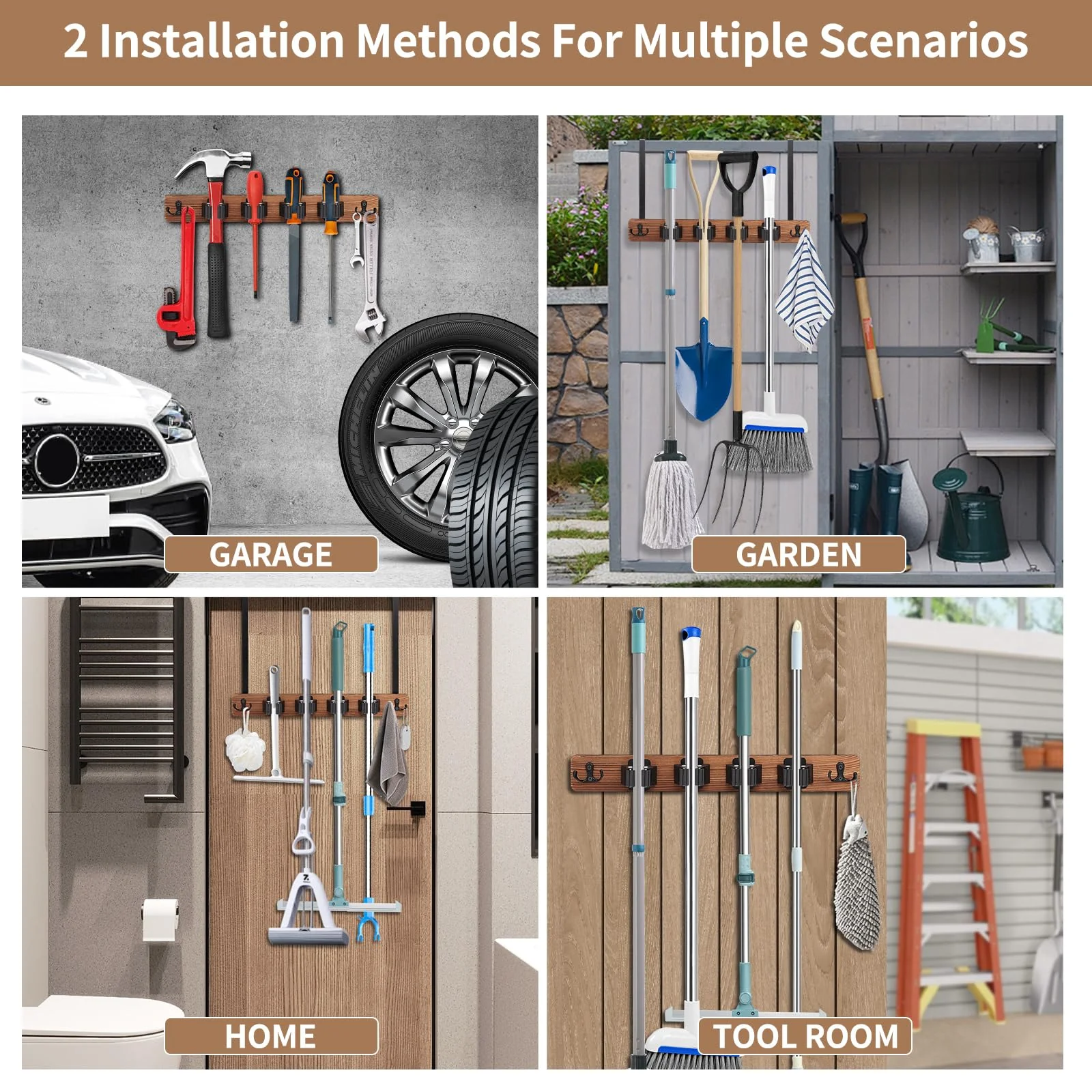 Cyiecw Broom Holder Wall or Broom Holder Over the Door, Drillable Tool Wall Mount, Wooden Stainless Steel Broom Mop Tool Garden Tool Holder, Door Organiser with 4 Holders and 2 Hooks, 1 Piece (Brown) Brown - Image 3