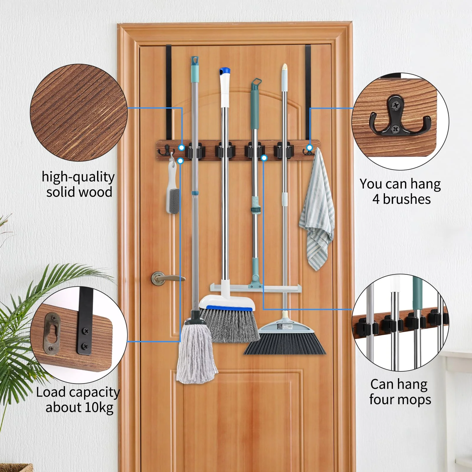 Cyiecw Broom Holder Wall or Broom Holder Over the Door, Drillable Tool Wall Mount, Wooden Stainless Steel Broom Mop Tool Garden Tool Holder, Door Organiser with 4 Holders and 2 Hooks, 1 Piece (Brown) Brown - Image 4