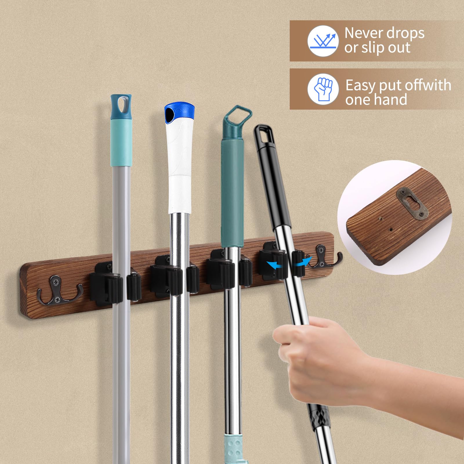 Cyiecw Broom Holder Wall or Broom Holder Over the Door, Drillable Tool Wall Mount, Wooden Stainless Steel Broom Mop Tool Garden Tool Holder, Door Organiser with 4 Holders and 2 Hooks, 1 Piece (Brown) Brown - Image 5
