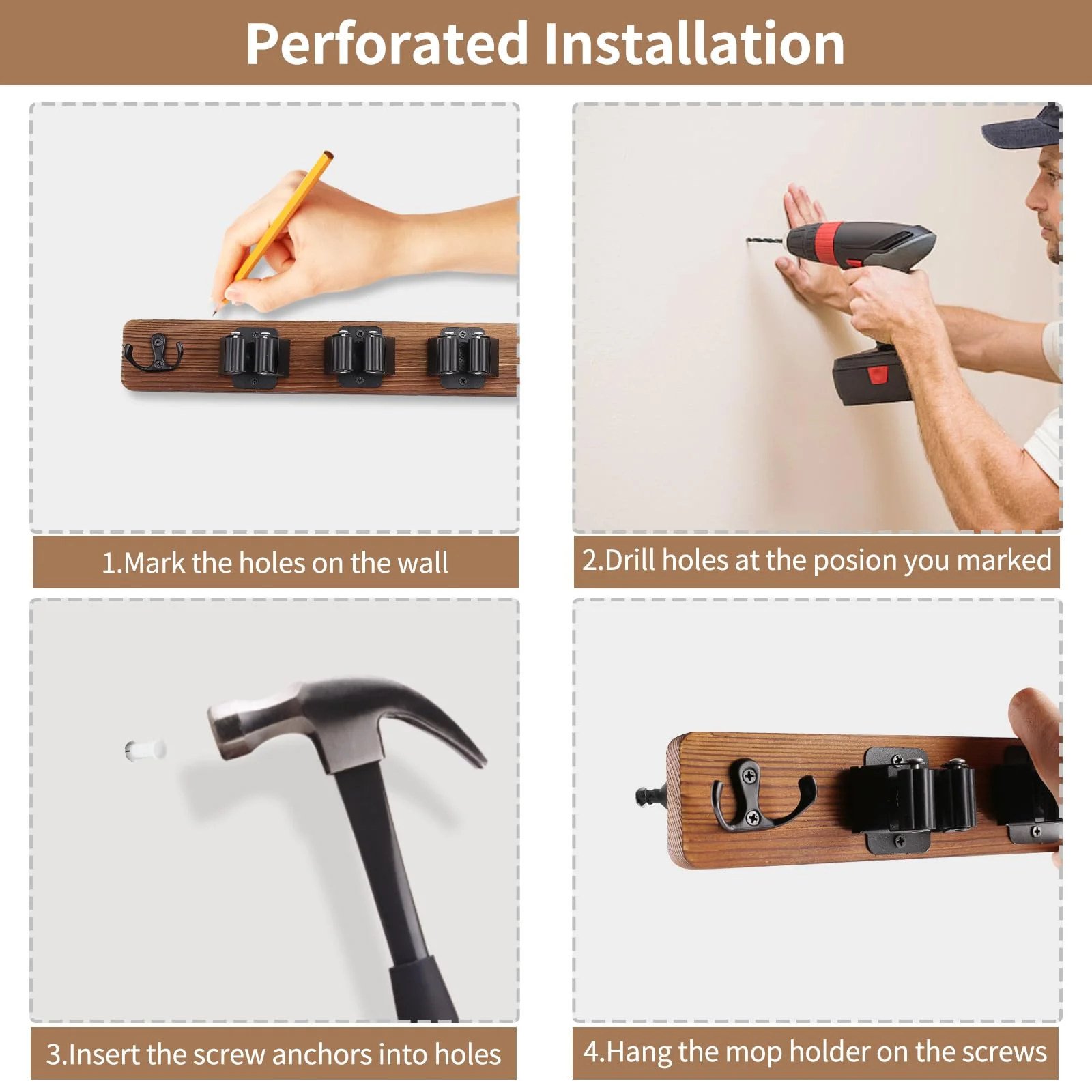 Cyiecw Broom Holder Wall or Broom Holder Over the Door, Drillable Tool Wall Mount, Wooden Stainless Steel Broom Mop Tool Garden Tool Holder, Door Organiser with 4 Holders and 2 Hooks, 1 Piece (Brown) Brown - Image 8