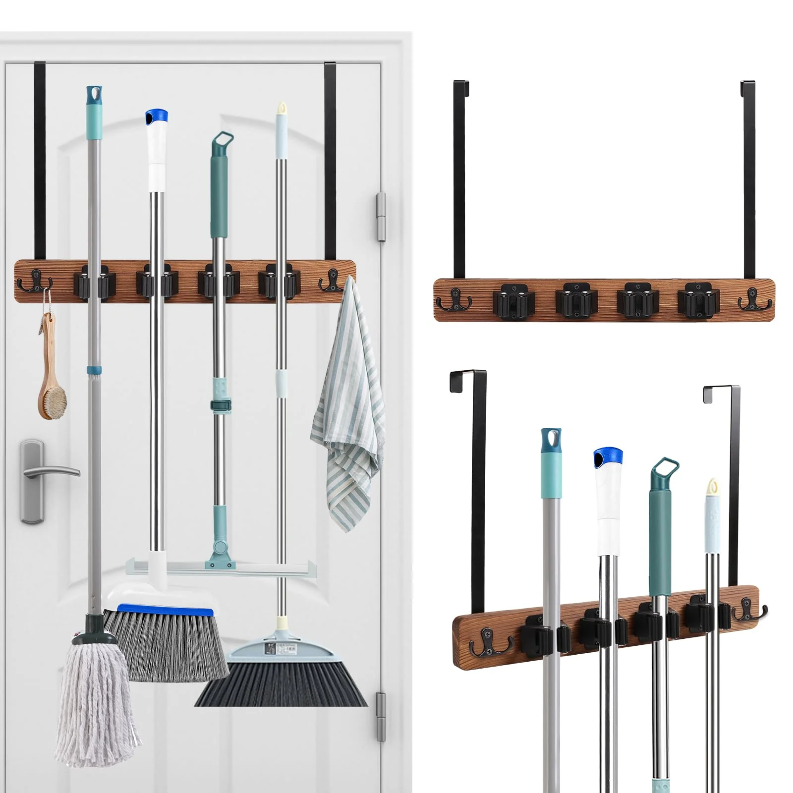 Cyiecw Broom Holder Wall or Broom Holder Over the Door, Drillable Tool Wall Mount, Wooden Stainless Steel Broom Mop Tool Garden Tool Holder, Door Organiser with 4 Holders and 2 Hooks, 1 Piece (Brown) Brown - Image 9