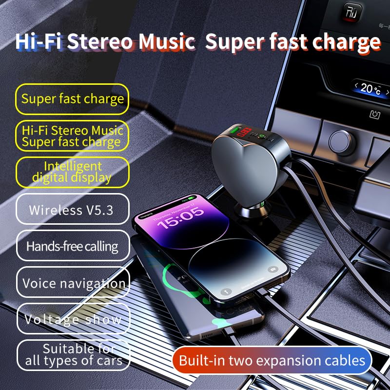  CYZFOWDUO Bluetooth 5.3 Car Adapter with Retractable Fast Charger, FM Transmitter Radio Receiver, Handsfree Calling & Audio Receiver, MP3 Music Player, LED Display Hands-Free Calling Support USB - Image 4