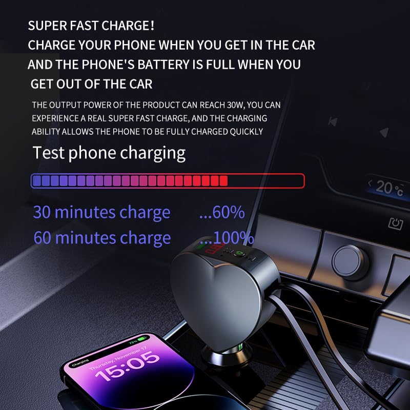  CYZFOWDUO Bluetooth 5.3 Car Adapter with Retractable Fast Charger, FM Transmitter Radio Receiver, Handsfree Calling & Audio Receiver, MP3 Music Player, LED Display Hands-Free Calling Support USB - Image 6