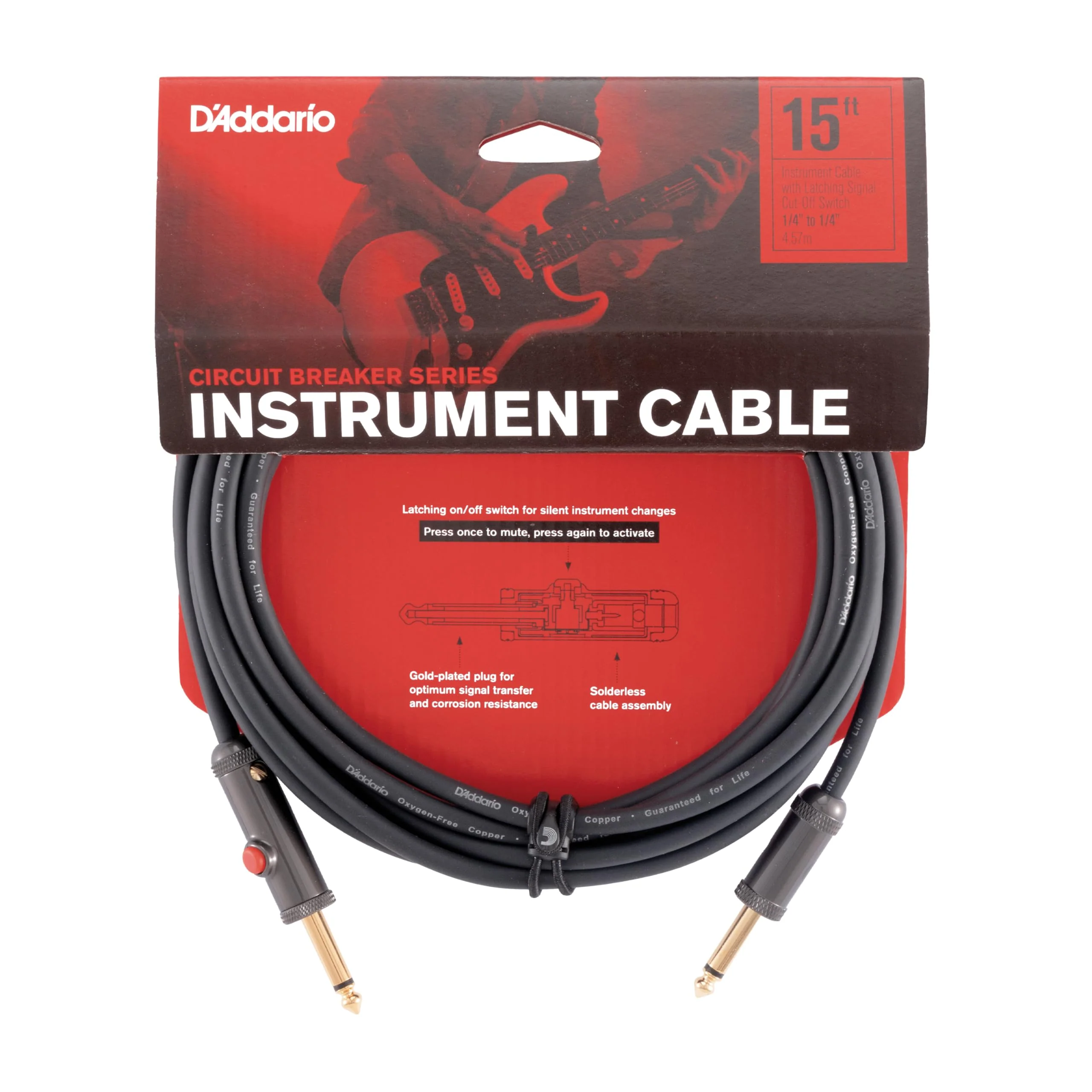 D’Addario 15' Circuit Breaker Instrument Cable with Latching Cut-Off Switch, Straight Plug, by D'Addario, 1/4", (PW-AGL-15) 15 feet