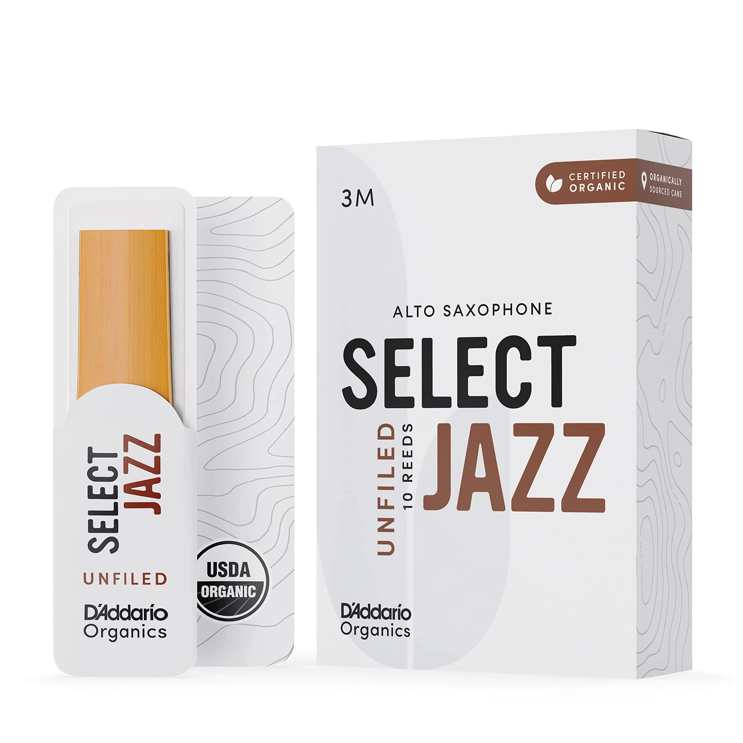 D’Addario Woodwinds - Organic Select Jazz Alto Saxophone Reeds - Alto Sax Reeds - Individually Sealed - Unfiled, Medium, Strength 3, 10-Pack