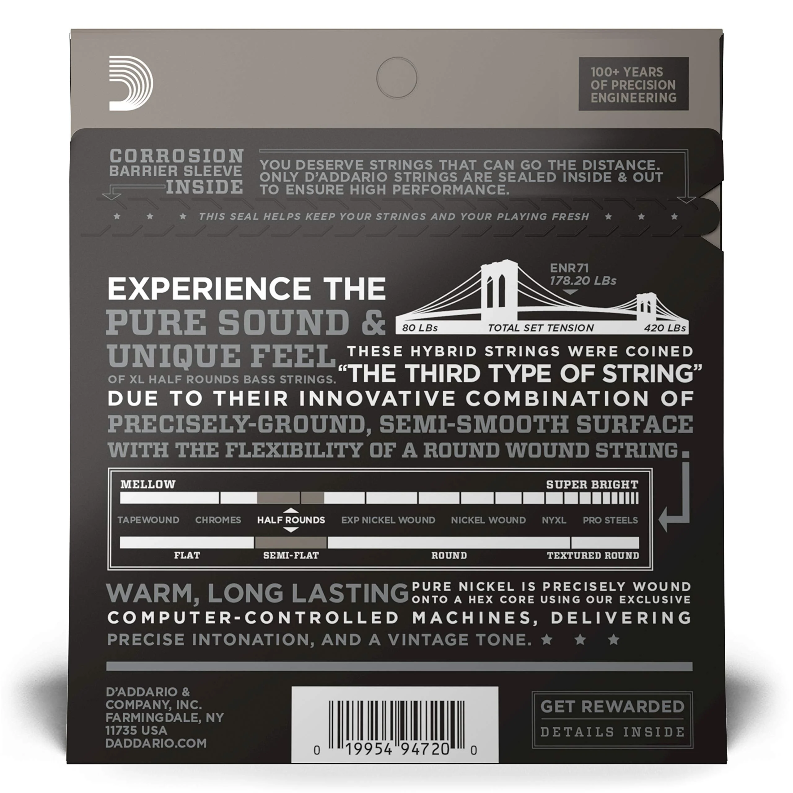 D'Addario Bass Guitar Strings, XL Nickel Half Rounds, ENR71, Long Scale, Regular Light Gauge 45-100, 4-String Set, Pack of 1 Light, 45-100 - Image 3