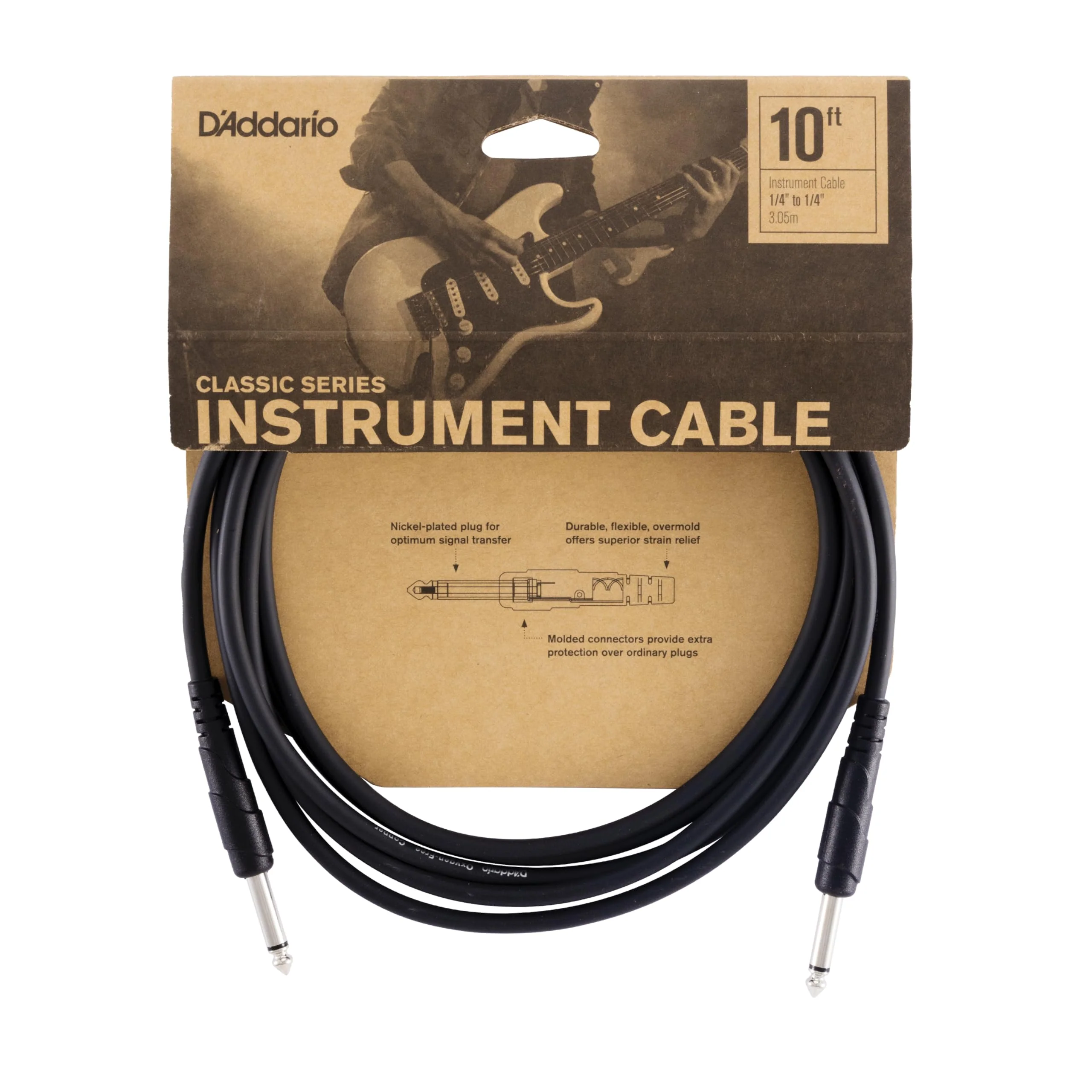 D'Addario Guitar Cable - 1/4 Inch Male to 1/4 Inch Male - Classic Series - 10 Feet/3.05 Meters - Straight - 1 Pack Straight End