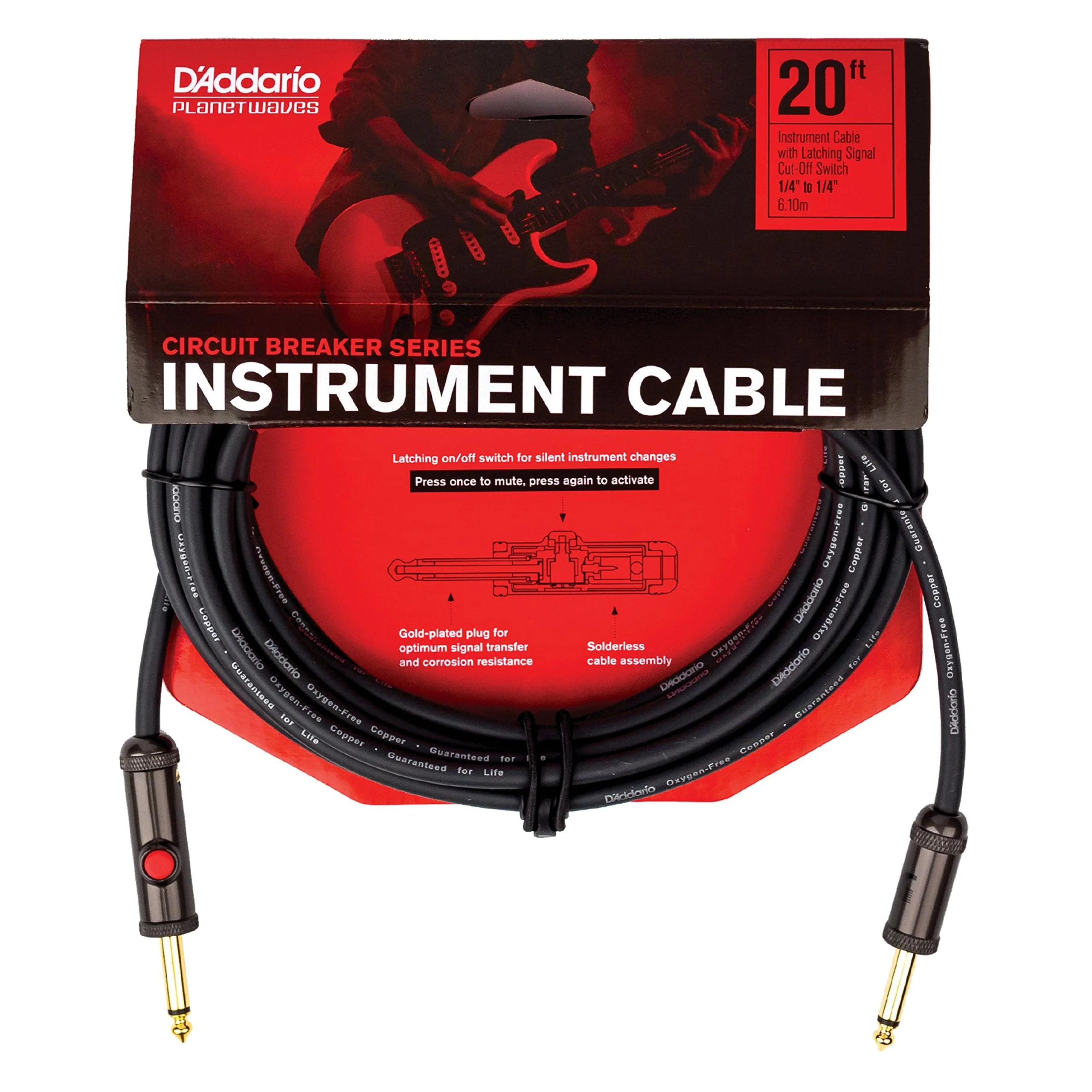 D'Addario Guitar Cable - Guitar Lead - Circuit Breaker Cable - Latching Cut-Off Switch to Mute When Changing Instrument - 20 Feet/7.62 Meters - Straight Ends - 1 Pack - Image 2
