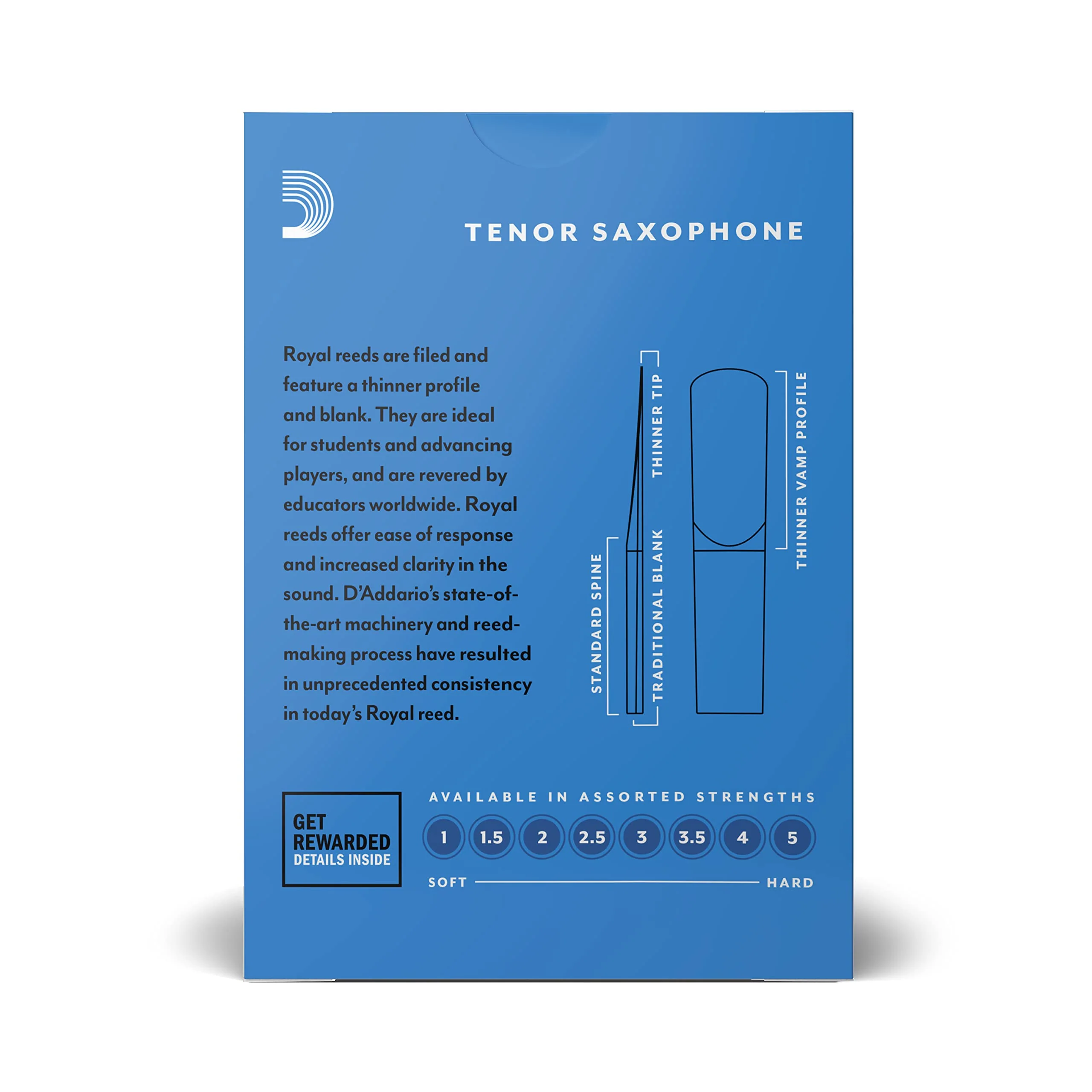D'Addario Woodwinds - Royal Tenor Saxophone Reeds - Tenor Sax Reeds with Strong Spine - Tenor Saxophone Reeds - Great for Classical or Jazz - Strength 3.0, 10-Pack - Image 3