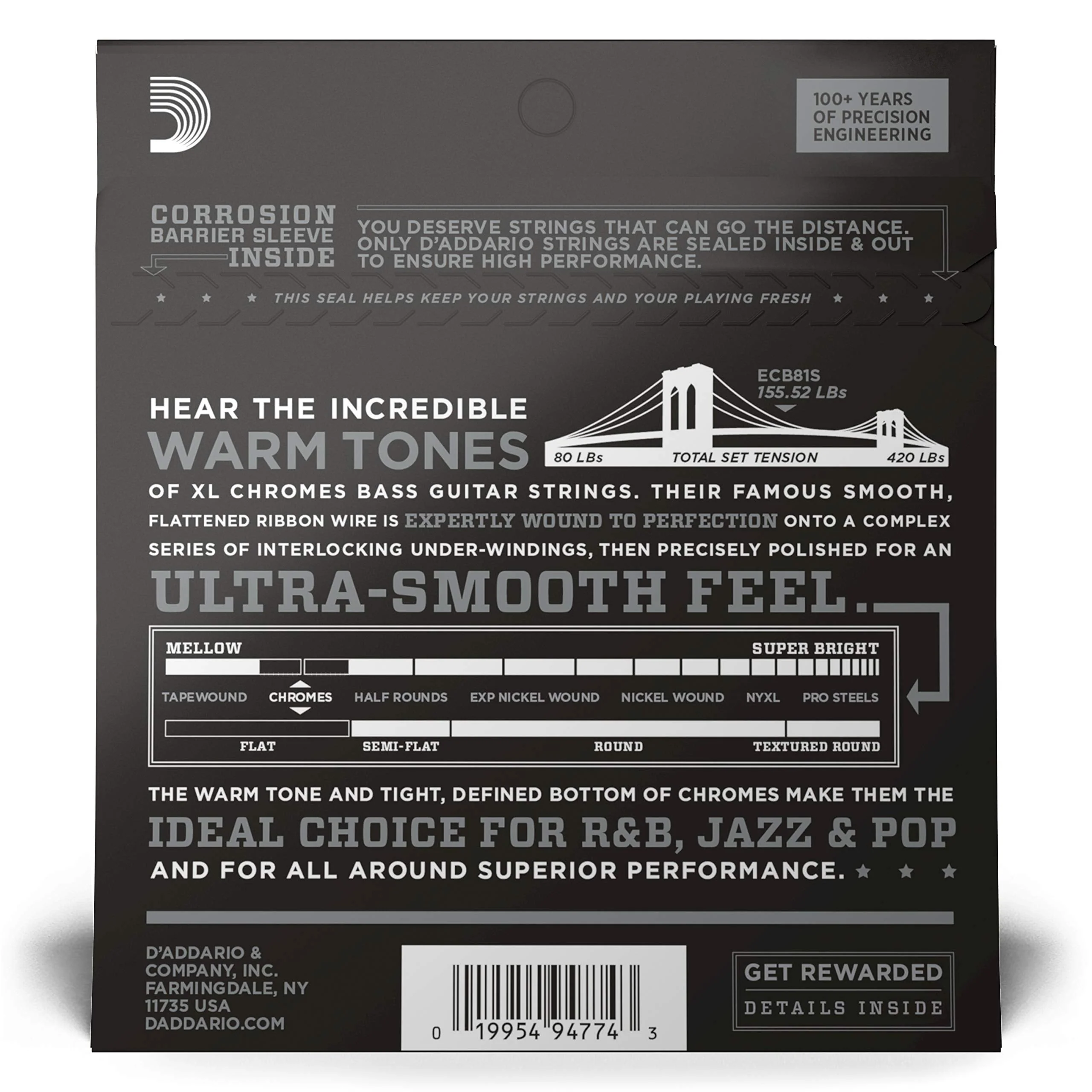 D'Addario XL Chromes Flat Wound Bass Guitar Strings - ECB81S - Short Scale - Regular Light, 45-100 - Image 2