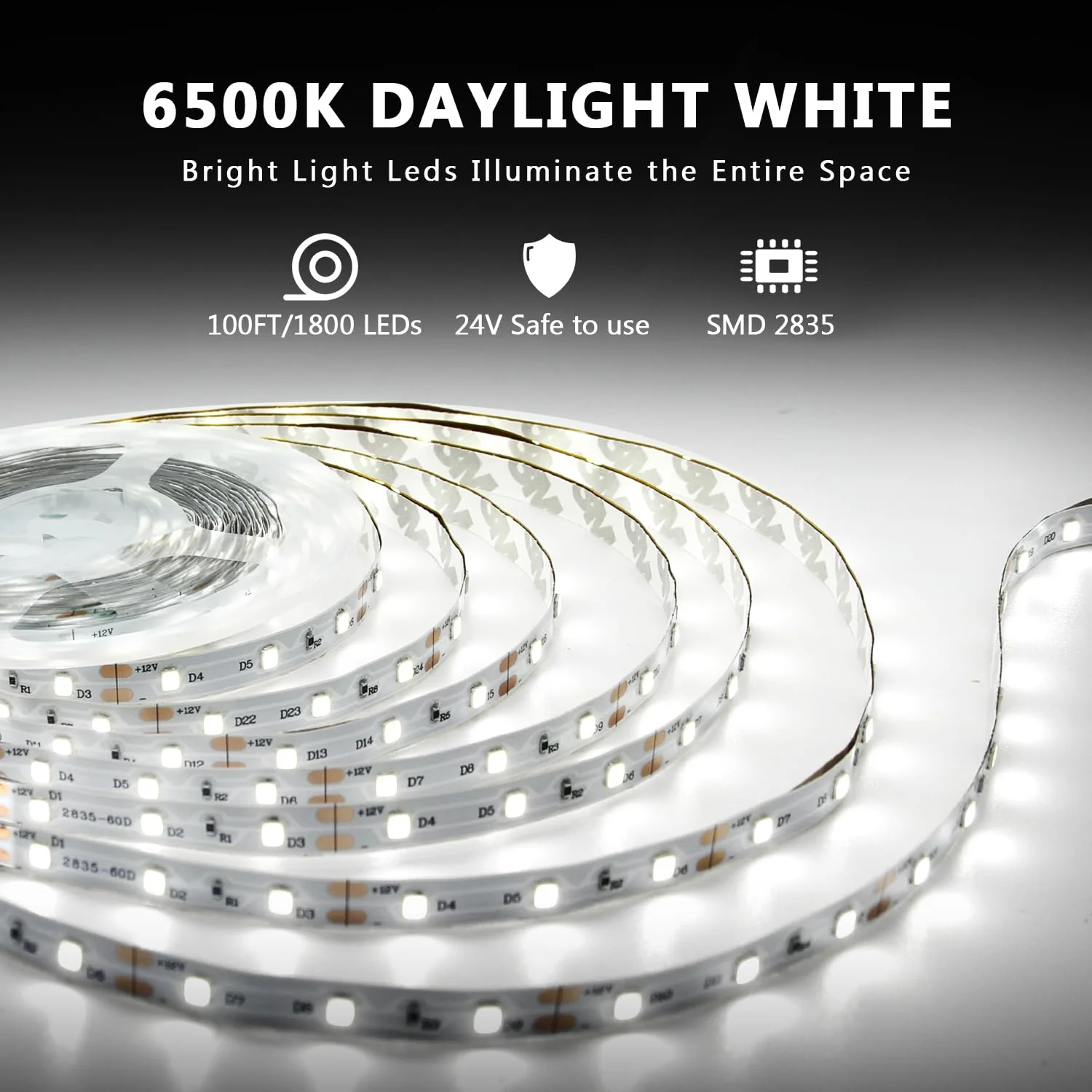 dalattin White LED Strip Lights 100ft, Dimmable Bright 24V Led Light Strip 6500K Daylight White 1800 LEDs Lights for Bedroom, Mirror, Kitchen, Strong Adhesive, 2 roll of 50ft White 6500K - Image 2