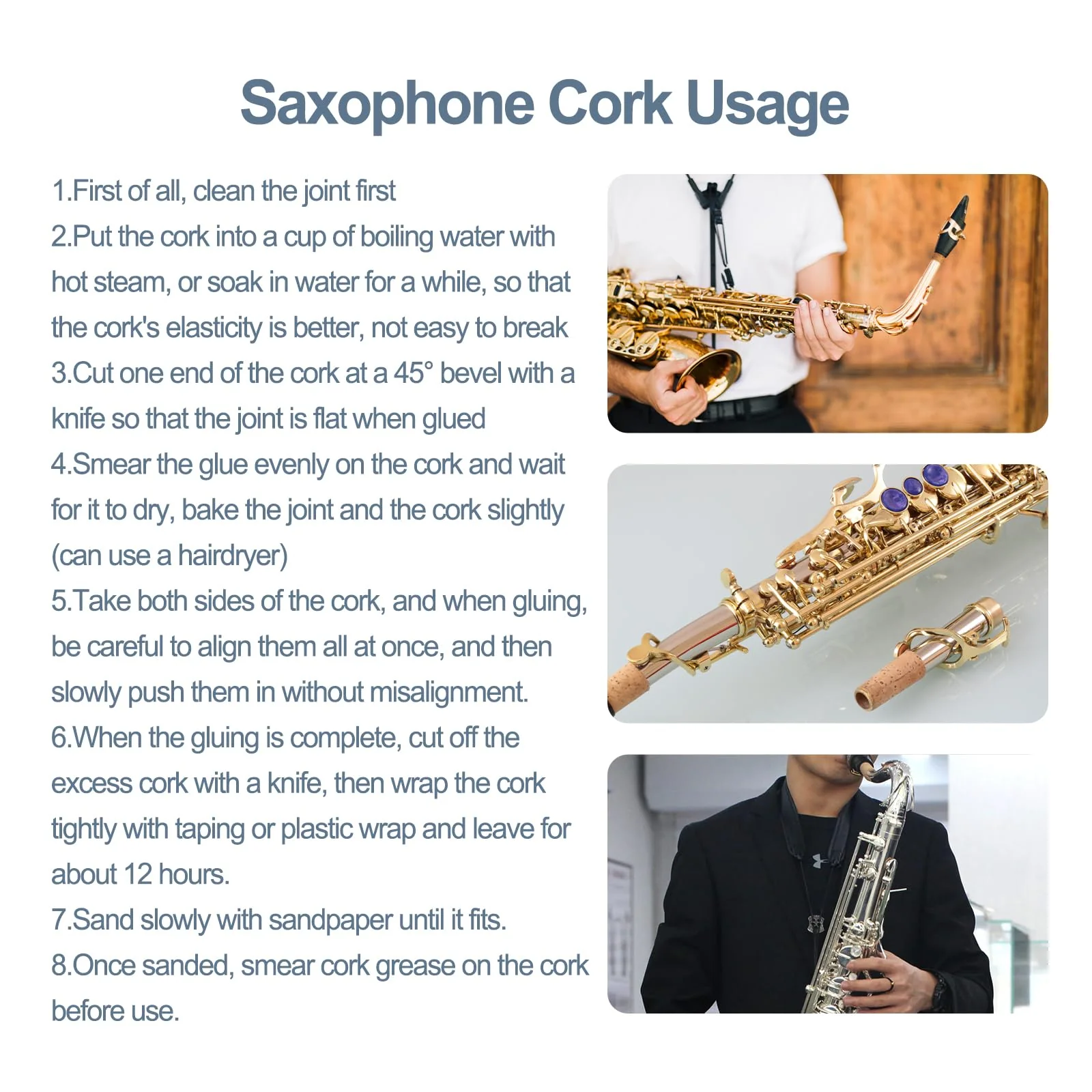 Danchet Alto Saxophone Accessories,Alto Sax Cork Replacement Kit,2 pcs Saxophone Cork, Glue, Cork Grease, Knife, Taping, and Sandpaper alto sax cork replacement kit - Image 6