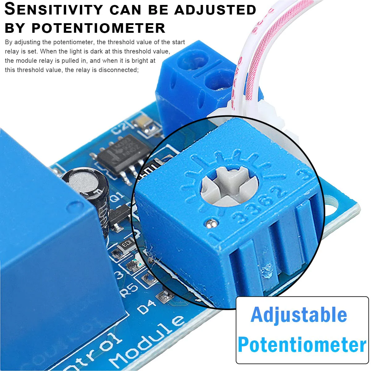 DAOKAI XH-M131 Photoresistor Relay Module 12V DC Photoresistor Relay Module Light Control Switch Detection Sensor Automatic Light Control Switch with 24 AWG Wire (5 Pieces) - Image 3