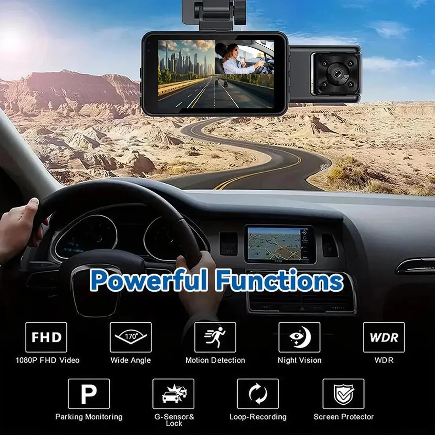 Dash Cam,3 Channel Dash Cam Front and Rear Inside, 1080P Full HD Dash Camera for Cars, Free 64GB SD Card, 3”IPS Screen, Night Vision, 170°Wide Angle, WDR, 24H Parking Mode - Image 2