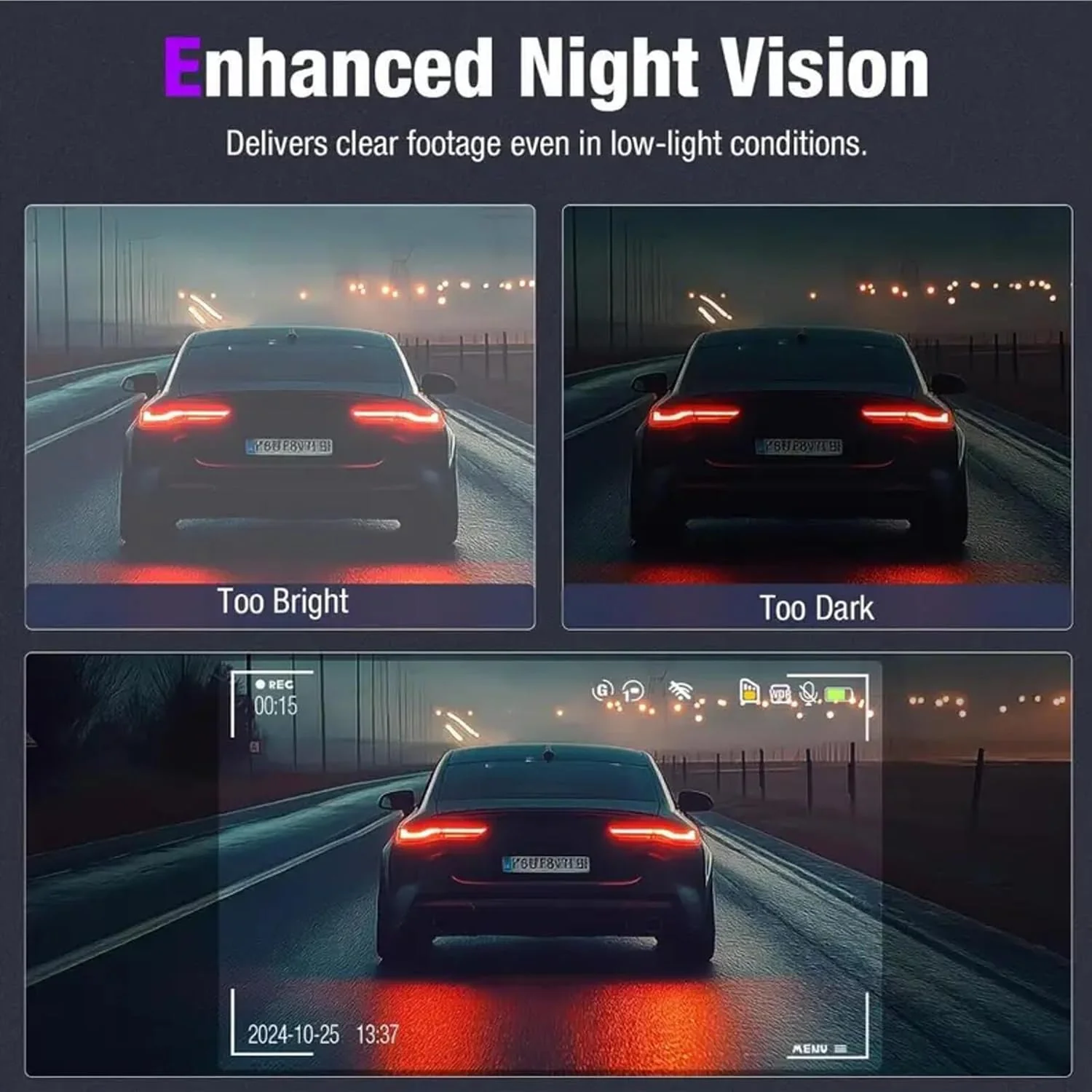 Dash Cam,3 Channel Dash Cam Front and Rear Inside, 1080P Full HD Dash Camera for Cars, Free 64GB SD Card, 3”IPS Screen, Night Vision, 170°Wide Angle, WDR, 24H Parking Mode - Image 7