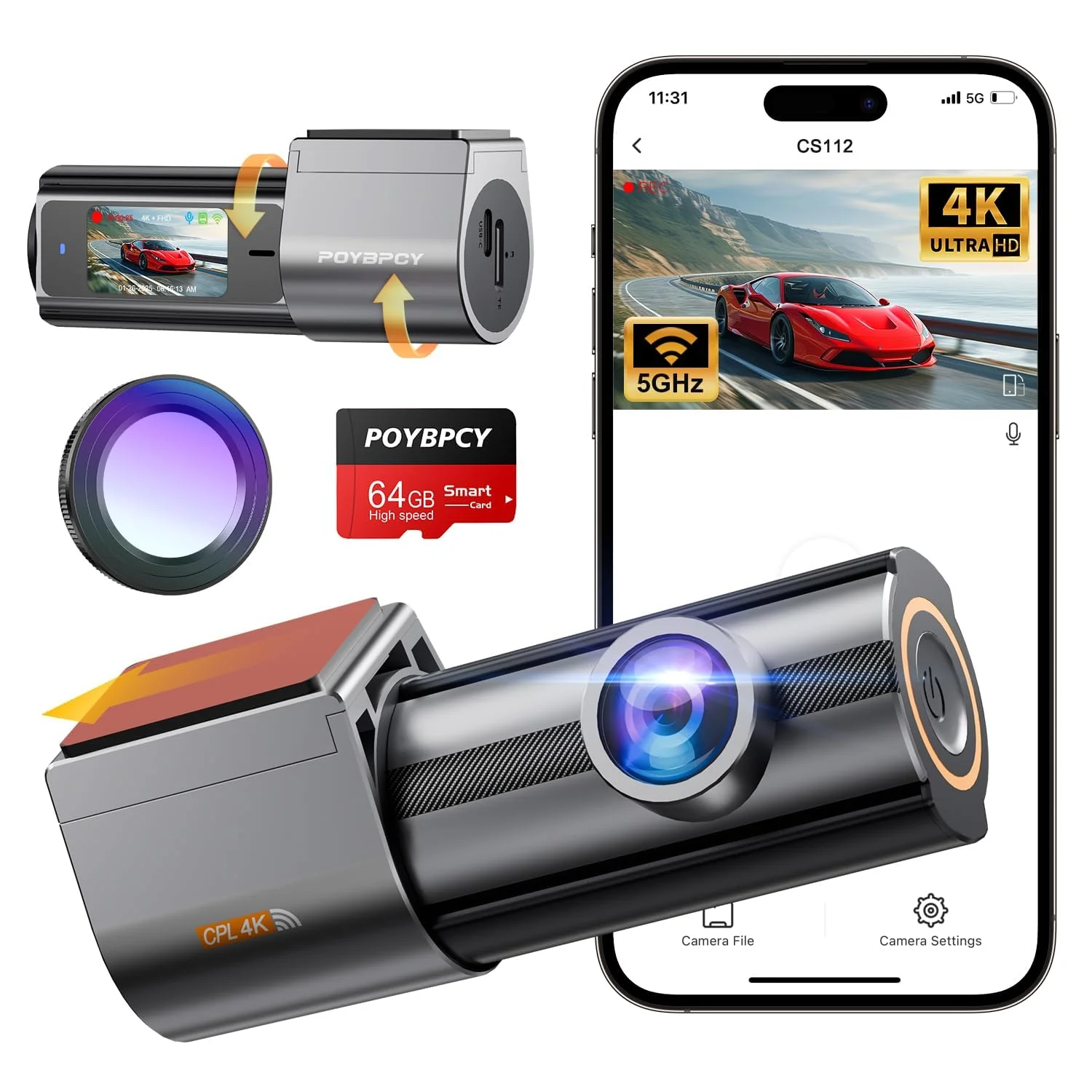 Dash Cam Front 4K, Built-in 5GHz WiFi with CPL, Car Camera Dashcam with UHD 2160P, 64GB Card, 24H Parking Monitor, Super Night Vision, WDR, G-Sensor, App Control, 170° Wide Angle, Support 256GB Max 4K Front with CPL