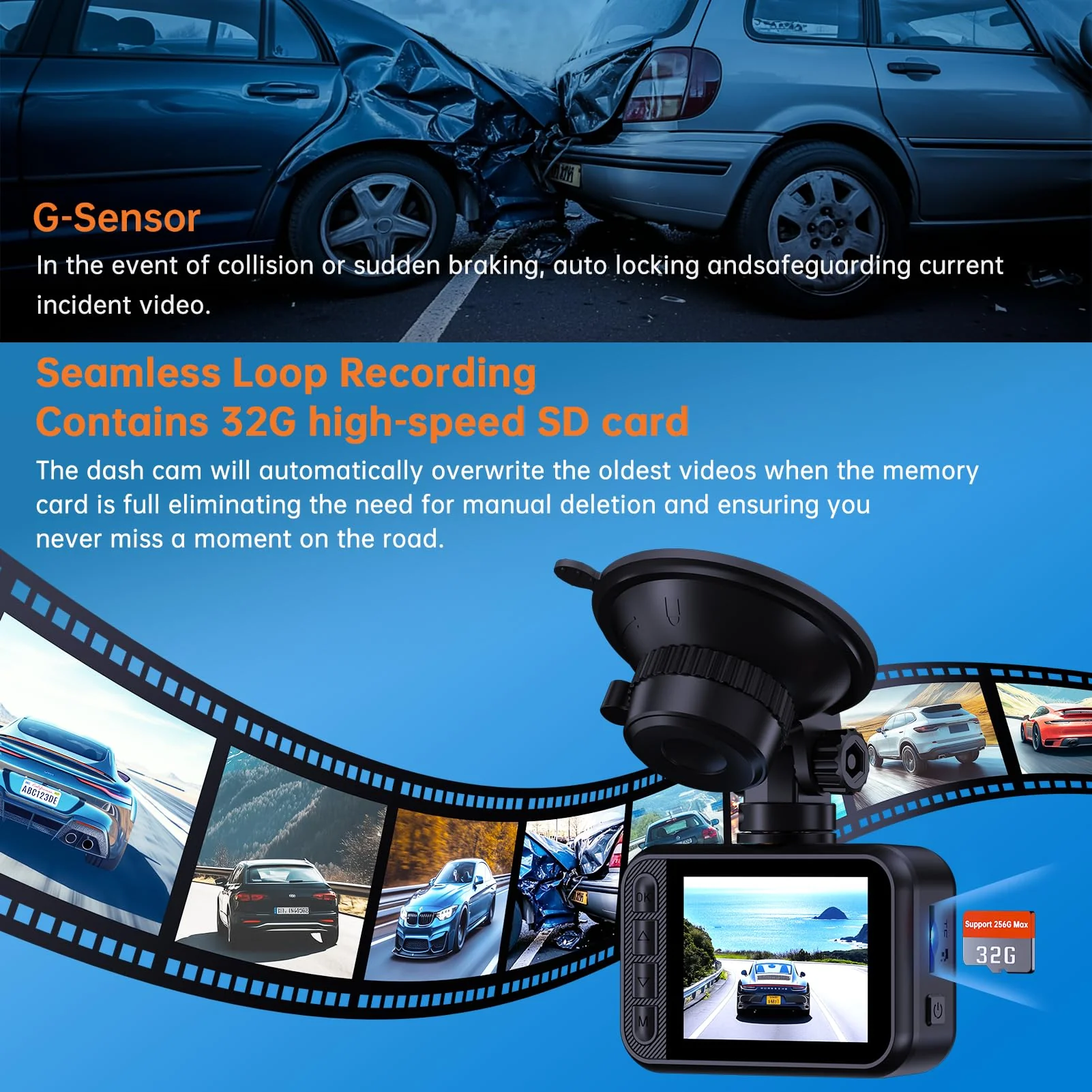 Dash Cam Front and Rear, 2.5K Dual Dash Camera for Cars, 2560P Mini Car Camera, 2 inch IPS Screen, 32GB Card Included, WDR Night Vision, 24 Hours Parking Monitor, G-Sensor, Support 256 GB Max - Image 5