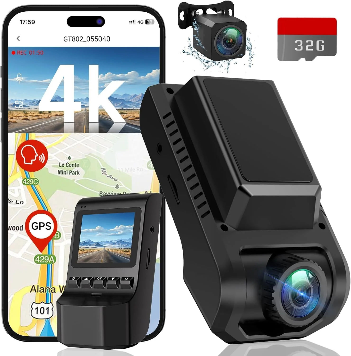 Dash Cam Front and Rear, 4K Ultra HD+1080P Dash Camera for Cars, Built-in Wi-Fi GPS, Included 32GB Card, 2.0'' IPS Screen Mini Car Camera, App, Night Vision, 170°Wide Angle, 24H Parking Mode Black