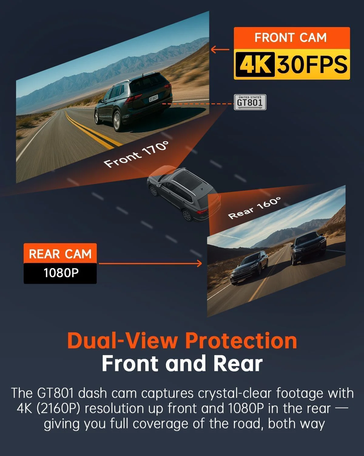 Dash Cam Front and Rear, 4K Ultra HD+1080P Dash Camera for Cars, Built-in Wi-Fi GPS, Included 32GB Card, 2.0'' IPS Screen Mini Car Camera, App, Night Vision, 170°Wide Angle, 24H Parking Mode Black - Image 3