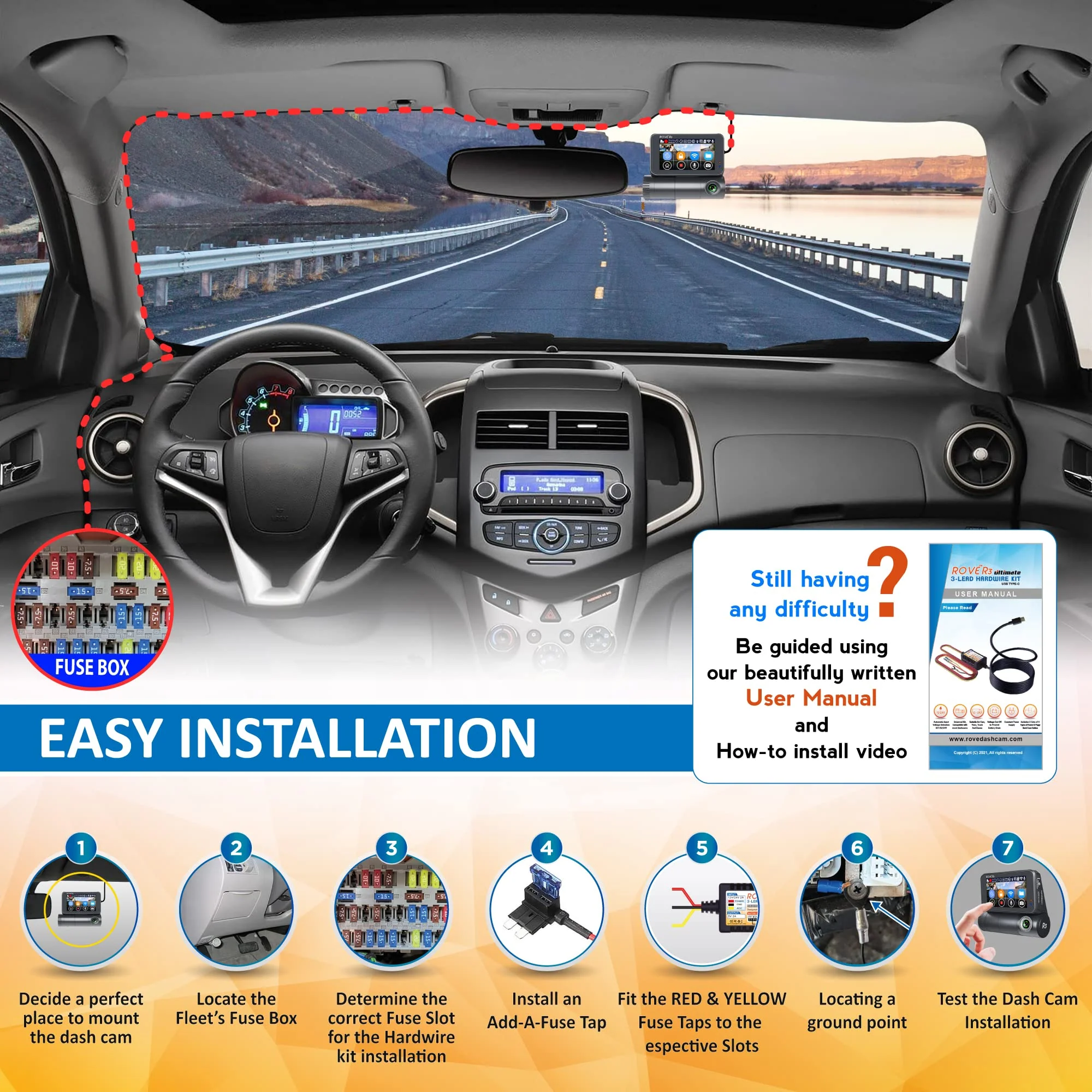 Dash Cam Hardwire Kit, USB Type C, for ROVE R3 Touch Screen 3 Channel Dash Camera - Image 5