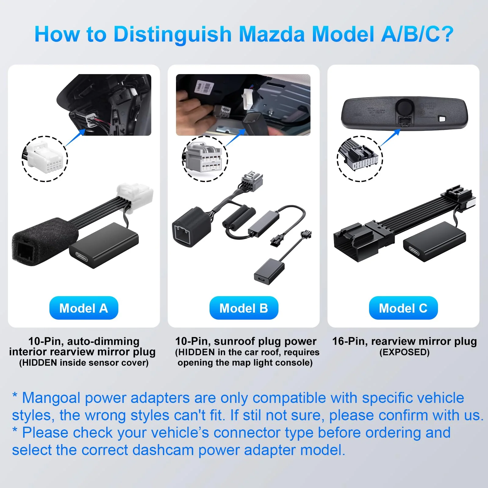 Dashcam Power Adapter 10 Pin (Model A) Custom for Mazda, 6 CX3 CX5 CX5 CX9 CX30 CX50 MX30 and More with Auto-dimming Rearview Mirror, Easy to Install 10 pin (Model A) - vehicle with Auto-dimming - Image 3