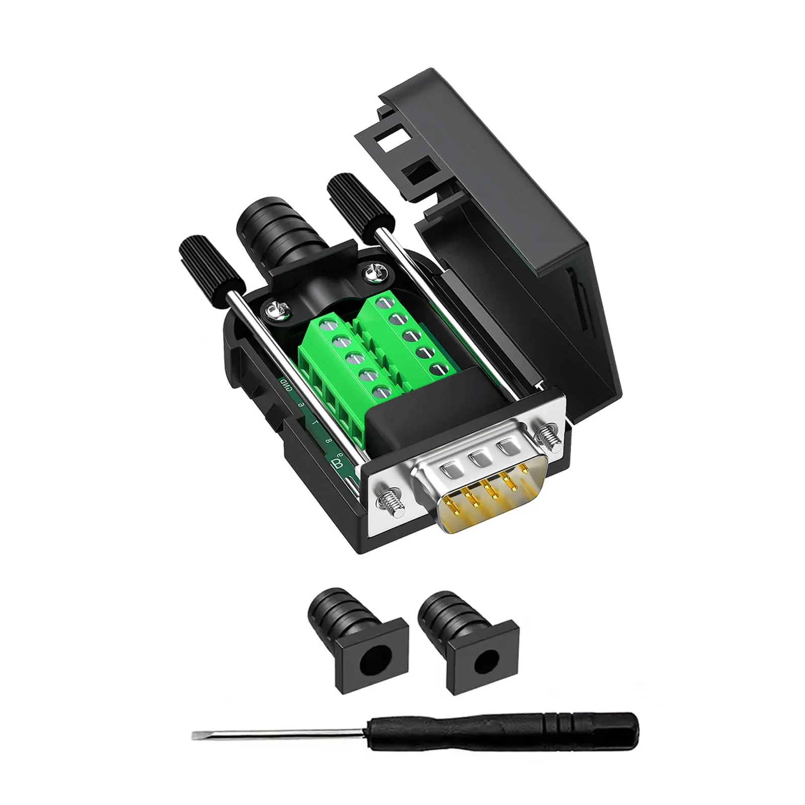 DB9 Breakout Connector, Male 9PIN Port RS232 Serial Adapter, Solderless Module Board with Screw Terminals, Case, Long Bolts Male Connector