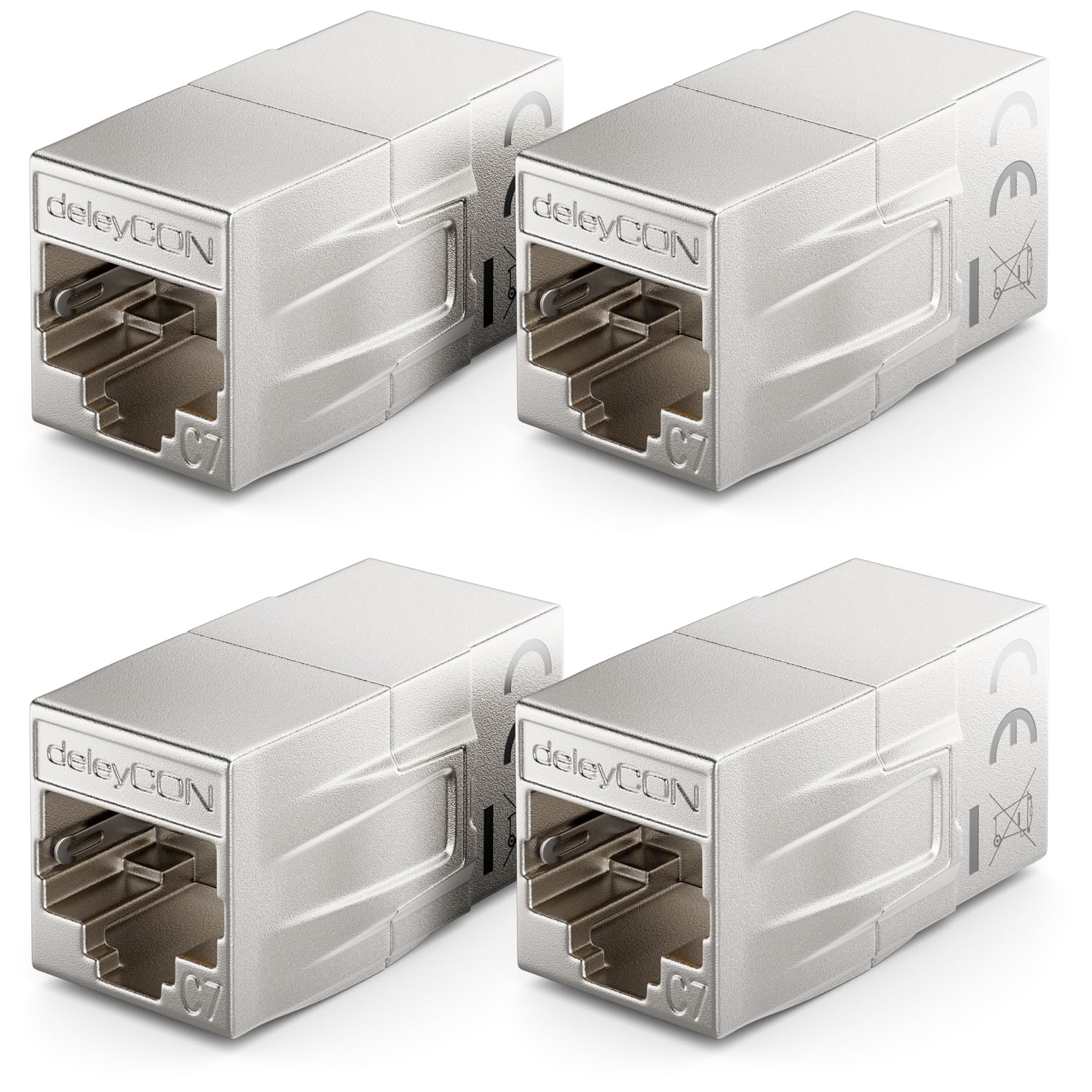 deleyCON Pack of 4 RJ45 Coupling CAT 7 (10 Gbps, 600 MHz) Connector CAT7 Extension Ethernet Adapter Metal Compatible with Cat8, Cat7, Cat6, Cat5 Patch Cable LAN DSL POE 2X RJ45 Socket, Silver 4 Stück