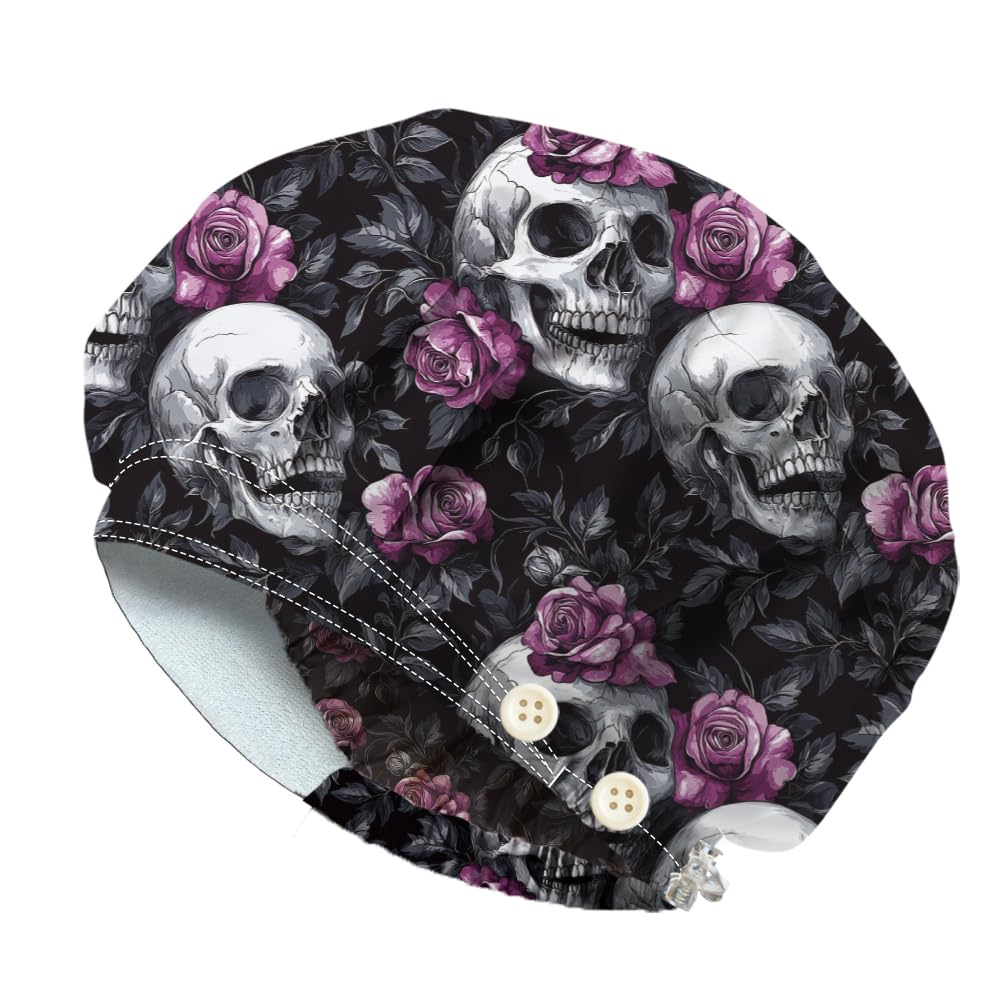 DELORIGIN Bouffant Hats with Skull and Rose Motif, Adjustable Work Cap, Cotton, for Nurses, Doctors and Surgery Hat with Button and Sweatband for Nurses and Cooking Skull Rose