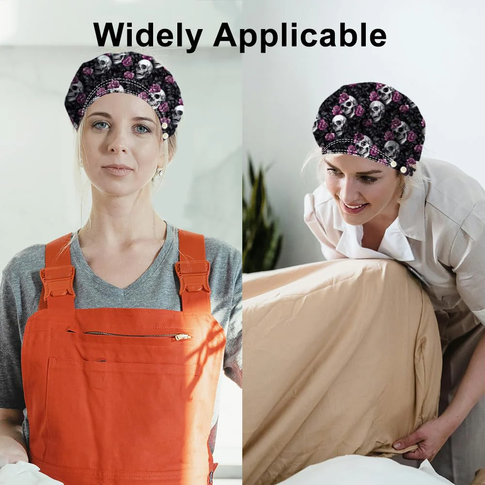 DELORIGIN Bouffant Hats with Skull and Rose Motif, Adjustable Work Cap, Cotton, for Nurses, Doctors and Surgery Hat with Button and Sweatband for Nurses and Cooking Skull Rose - Image 7