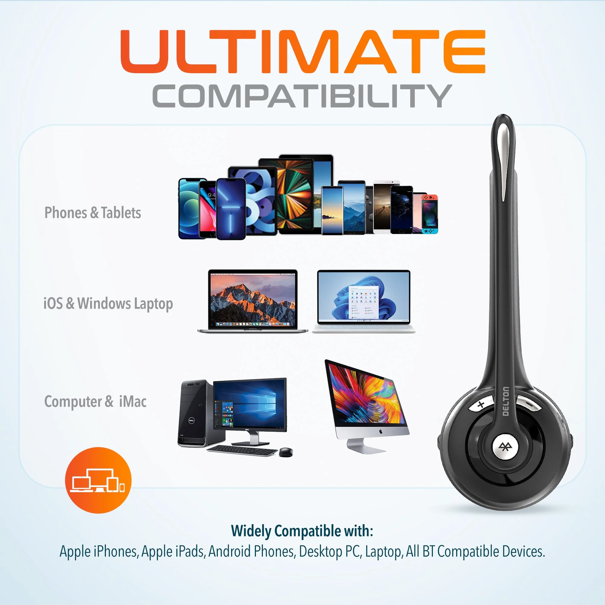Delton 10X Bluetooth Computer Headset, Over-The-Head Single Ear Wireless Headset with Noise Canceling Mic for Computer/Laptop/Call Center/Truck Driver, Works with All Meetings Apps - Black Monoaural - Image 3