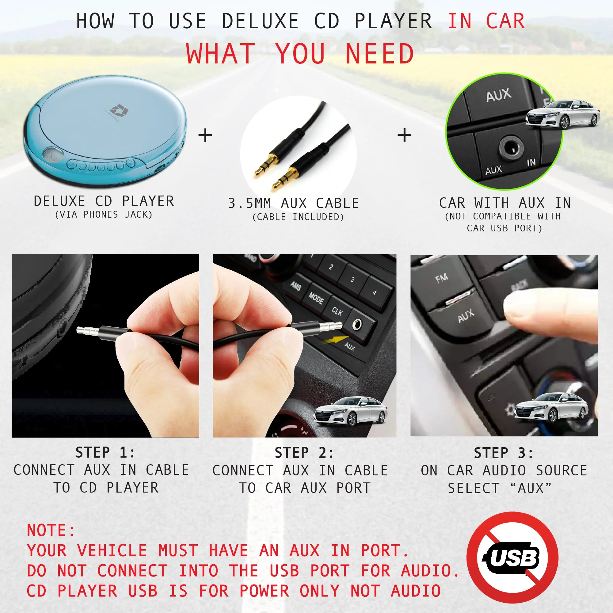 Deluxe Products CD Player Portable with 60 Second Anti Skip, Stereo Earbuds, Includes Aux in Cable and AC USB Power Cable for use at Home or in Car. Blue Blue_CD - Image 3