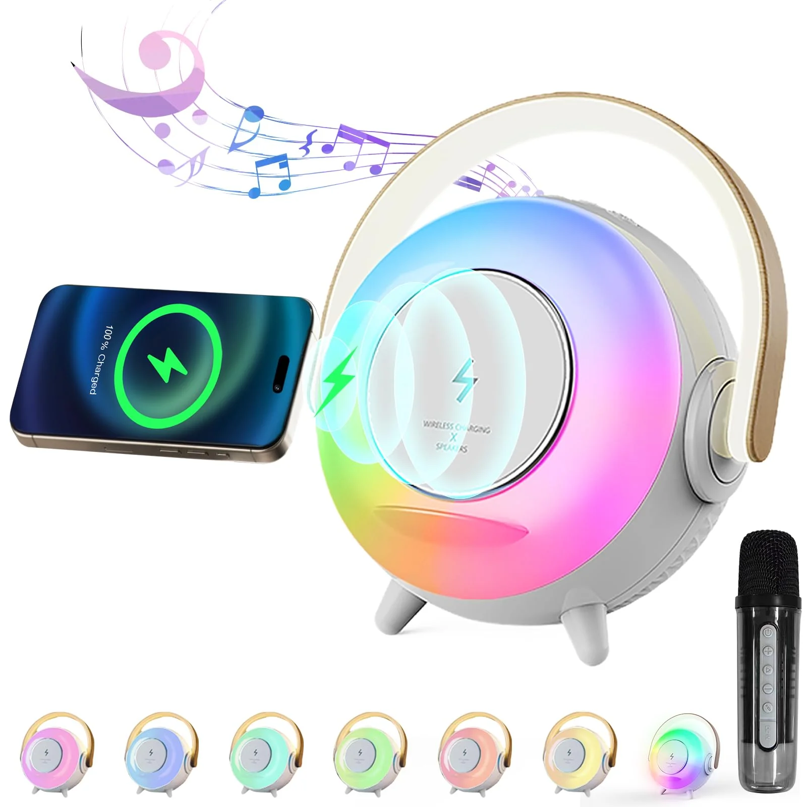 Depulat 6 in 1 Bluetooth Speaker, Microphone Karaoke, RGB Ambient Table Lamp, Dimmable Night Light, 15W Wireless Phone Charging Station, Phone Stand, Gifts for Teen Boy Girl Gifts Trendy Stuff PX-03