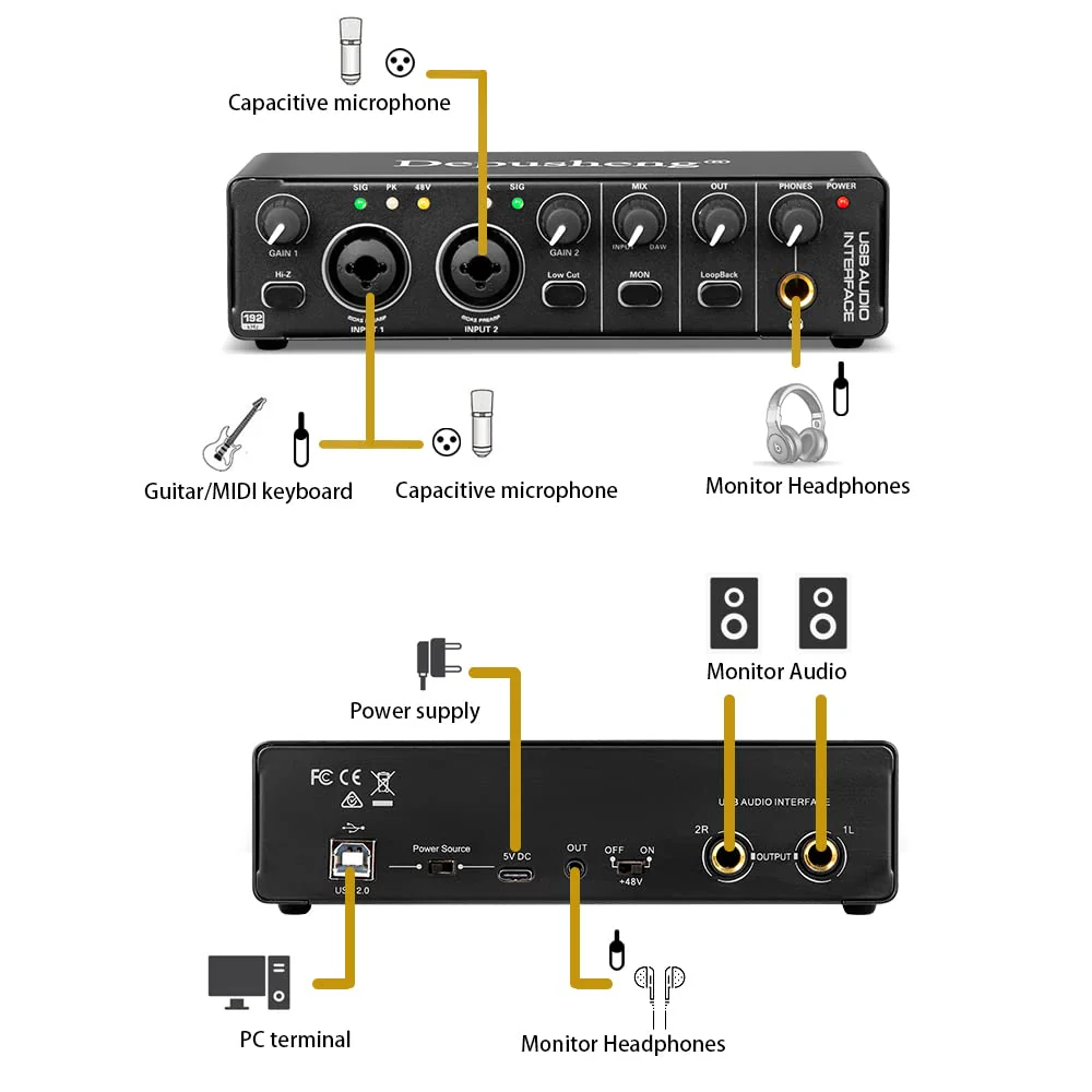 Depusheng RX2 usb audio interface computer recording sound card, home studio audio interface, can connect 48V condenser microphone, guitar recording - Image 4
