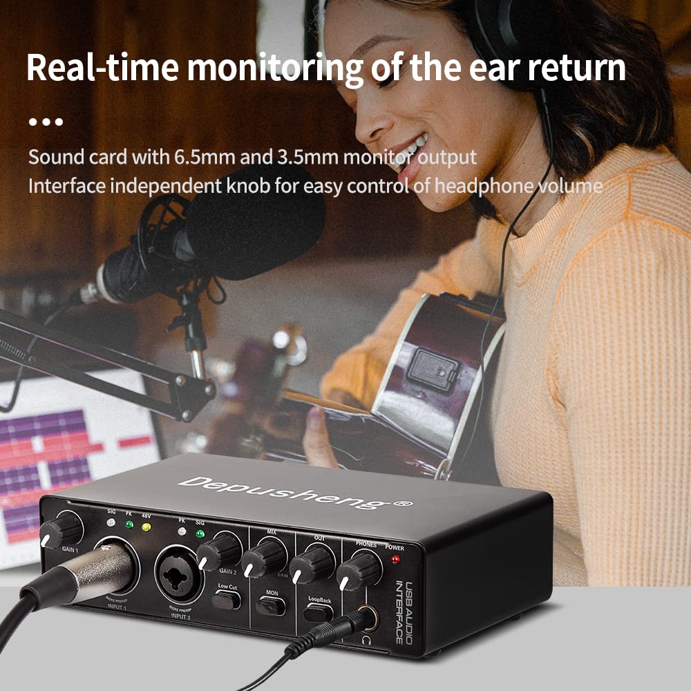 Depusheng RX2 usb audio interface computer recording sound card, home studio audio interface, can connect 48V condenser microphone, guitar recording - Image 5