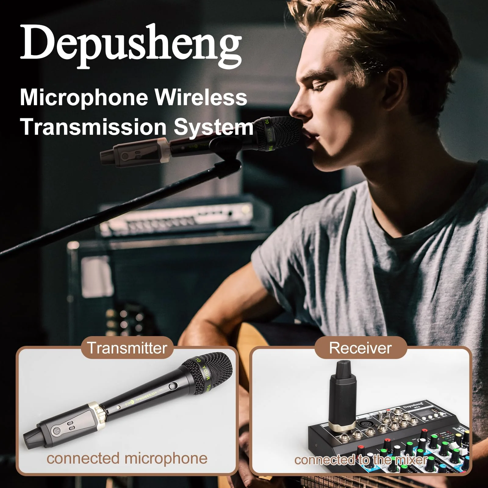 Depusheng T9 Wireless guitar transmitter receiver, Wireless Microphone Transmitter Receiver XLR Microphone Wireless System for Dynamic and condenser Microphone Audio Mixer, With 48V phantom power - Image 4