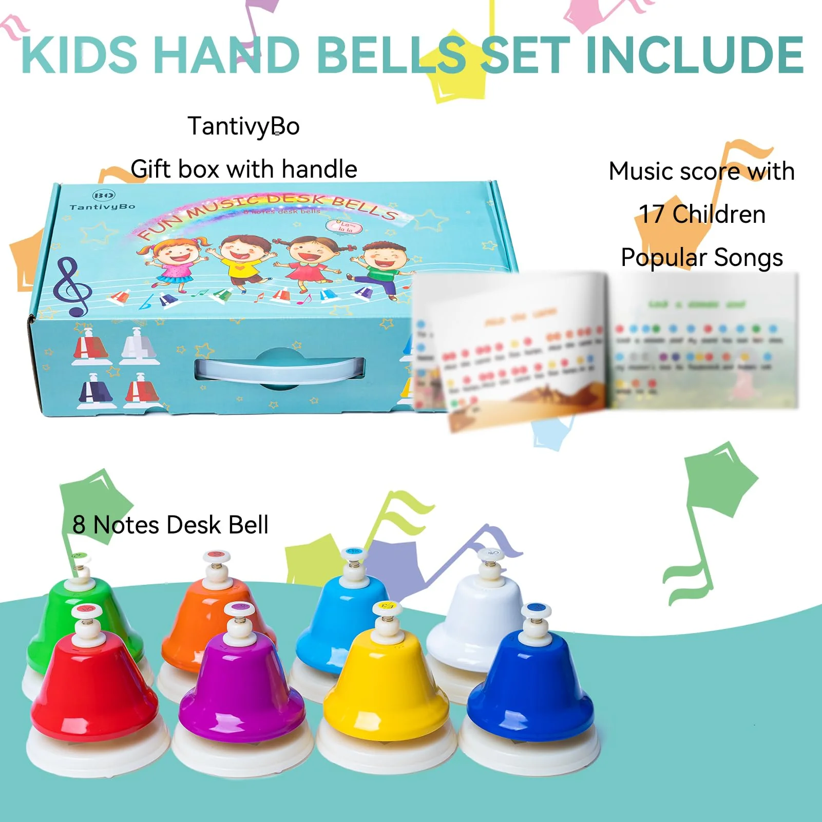 Desk Bells, Rainbow Diatonic Hand Bells for Kids with 17 Songbook, Toddler Preschool Musical Learning Toys, Boys & Girls Birthday Gift for 3-Year-Old and Over by TantivyBo - Image 2
