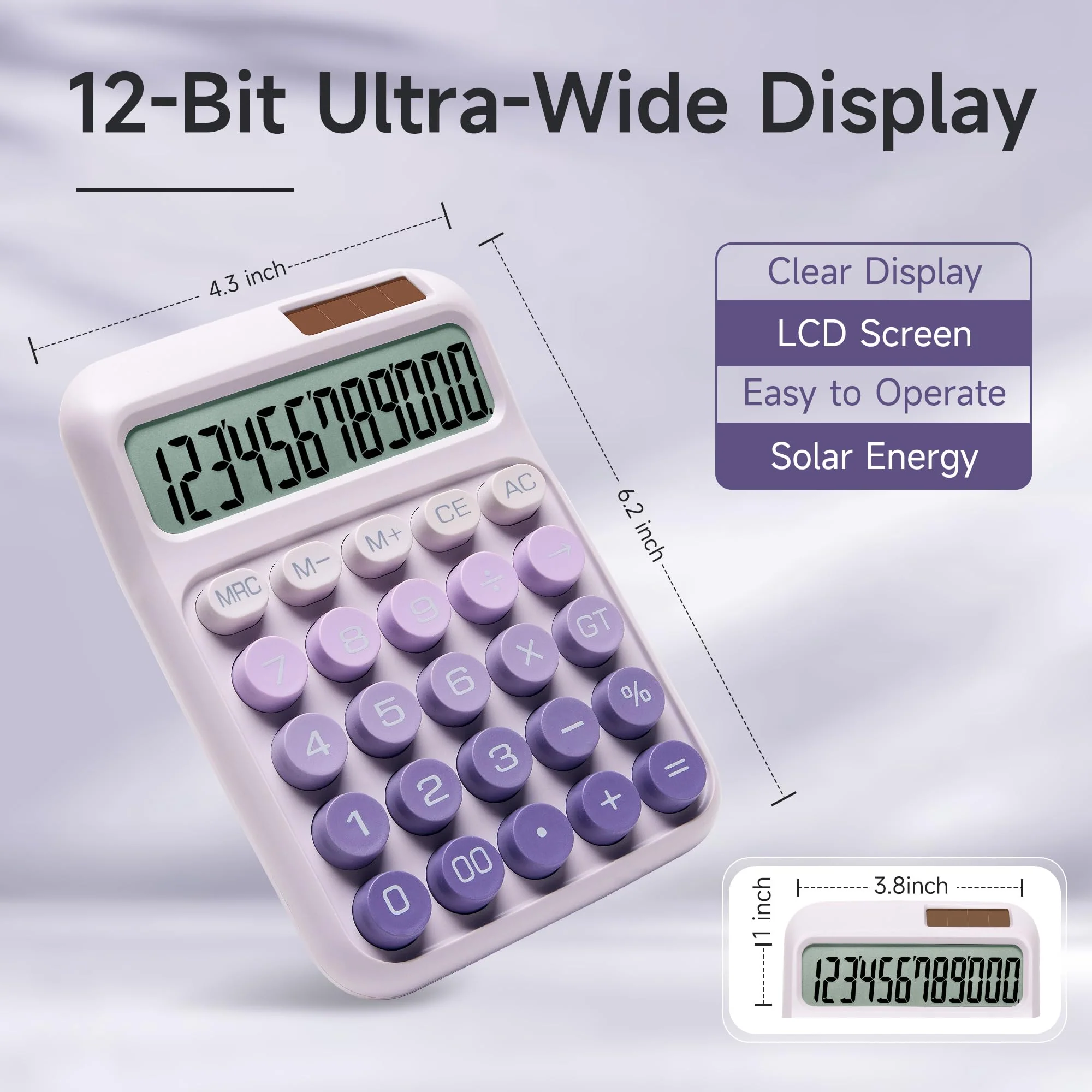 Desk Calculator,12 Digits, Large LCD Display,Big Buttons,Solar and Battery Dual Power Desktop Calculators,Cute and Aesthetic,Suitable for Office and Study (Ombre Purple, M) Ombre Purple - Image 4