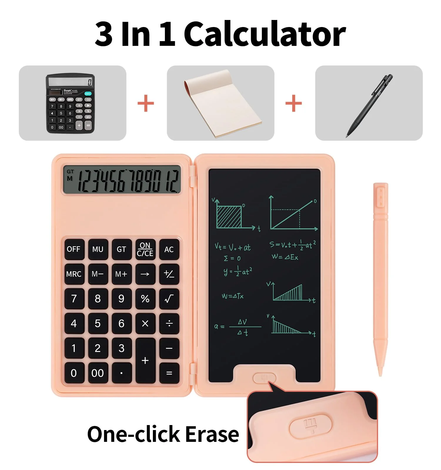 Desk Calculator, Portable Calculator with Notepad, Basic Calculator with Writing Tablet, 12 Digit Large Display Calculators with Stylus, Multi-Function Calculator for Office, School & Home(Pink) Pink - Image 2