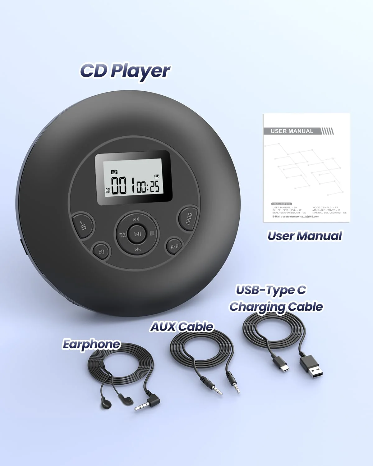 Desobry Portable CD Player with Rechargeable Battery Personal CD Players with Headphones LCD Display Anti-Skip Protection Playback Memory CD Player for Car Walkman CD Player Music Media Black - Image 7