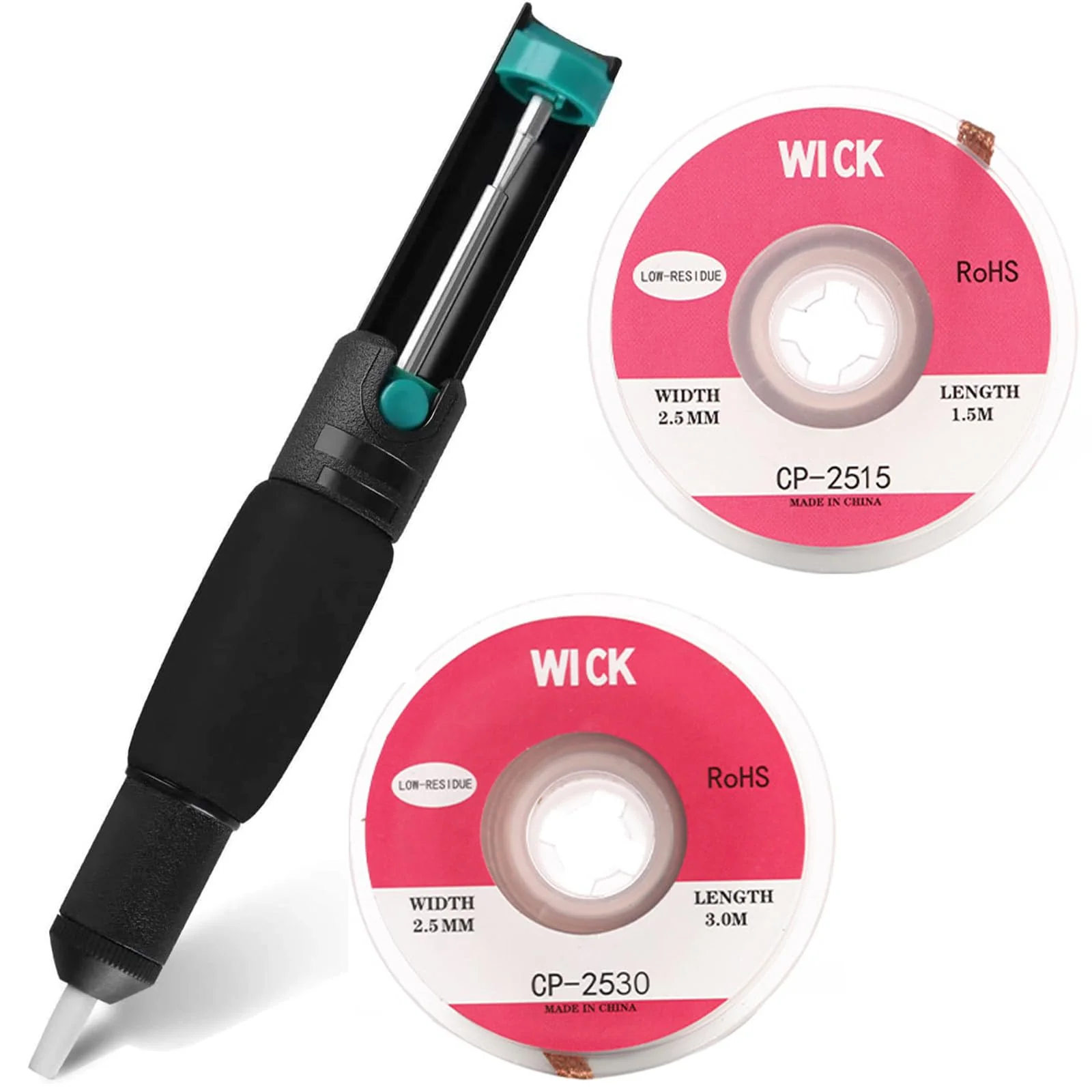 Desoldering Pump Set, Desoldering Pump and 2 Desoldering Wires, Desoldering Wick, 2 Pieces Desoldering Wick, Solder Suction Vacuum Pump Solder Removal Tool (2.5 mm x 1.5 m and 2.5 mm x 3 m)