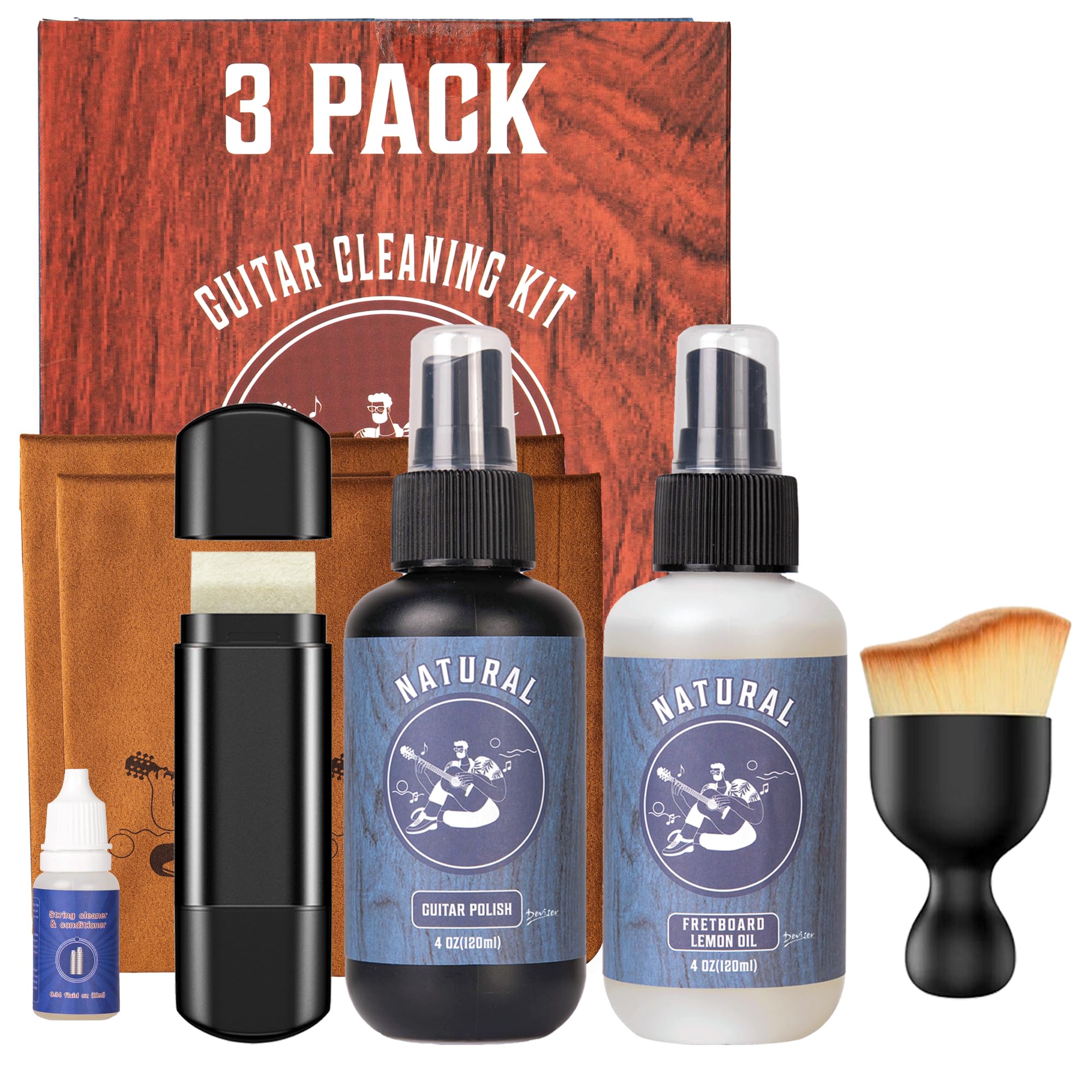 Deviser Guitar Cleaner Spray,All IN ONE Kit 4 OZ,fretboard Lemon oil,Polish,Guitar String-cleaner,Cleaning Brush,Cleaning cloth for guitar cleaning and maintenance 120ml set
