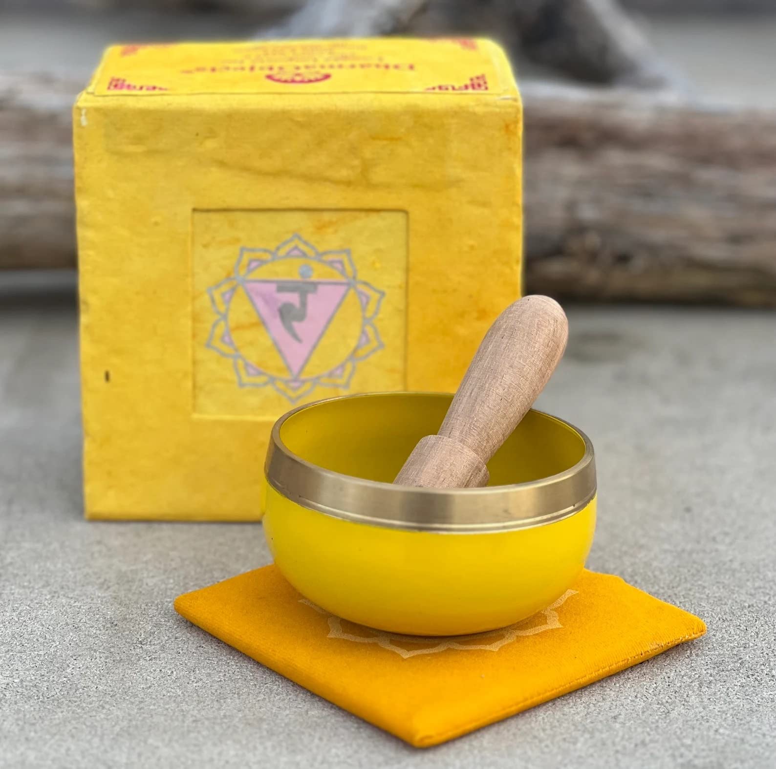 DharmaObjects Tibetan Solar Plexus Chakra Premium Palm Size Singing Bowl Gift Box Set Yellow