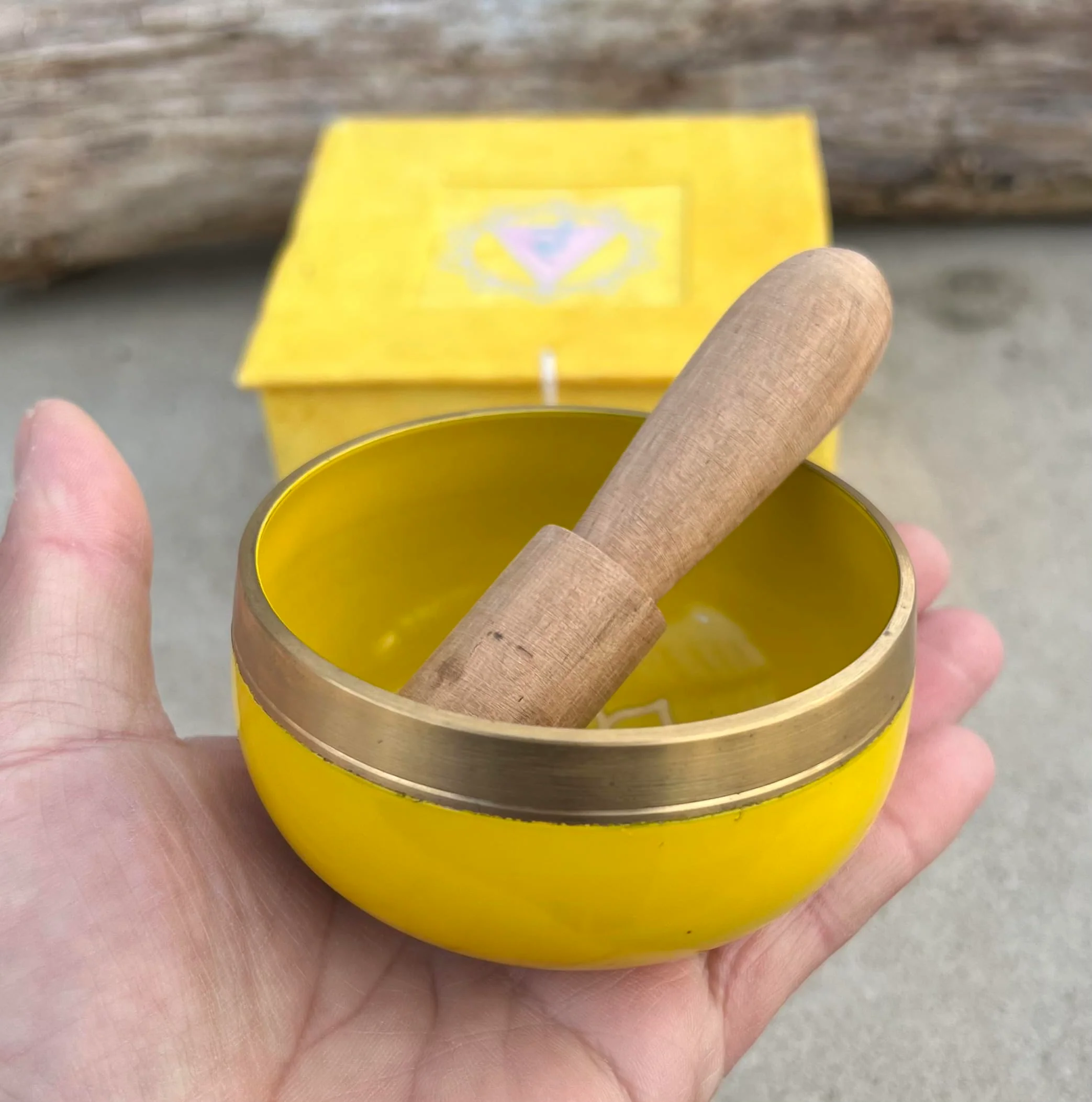 DharmaObjects Tibetan Solar Plexus Chakra Premium Palm Size Singing Bowl Gift Box Set Yellow - Image 3